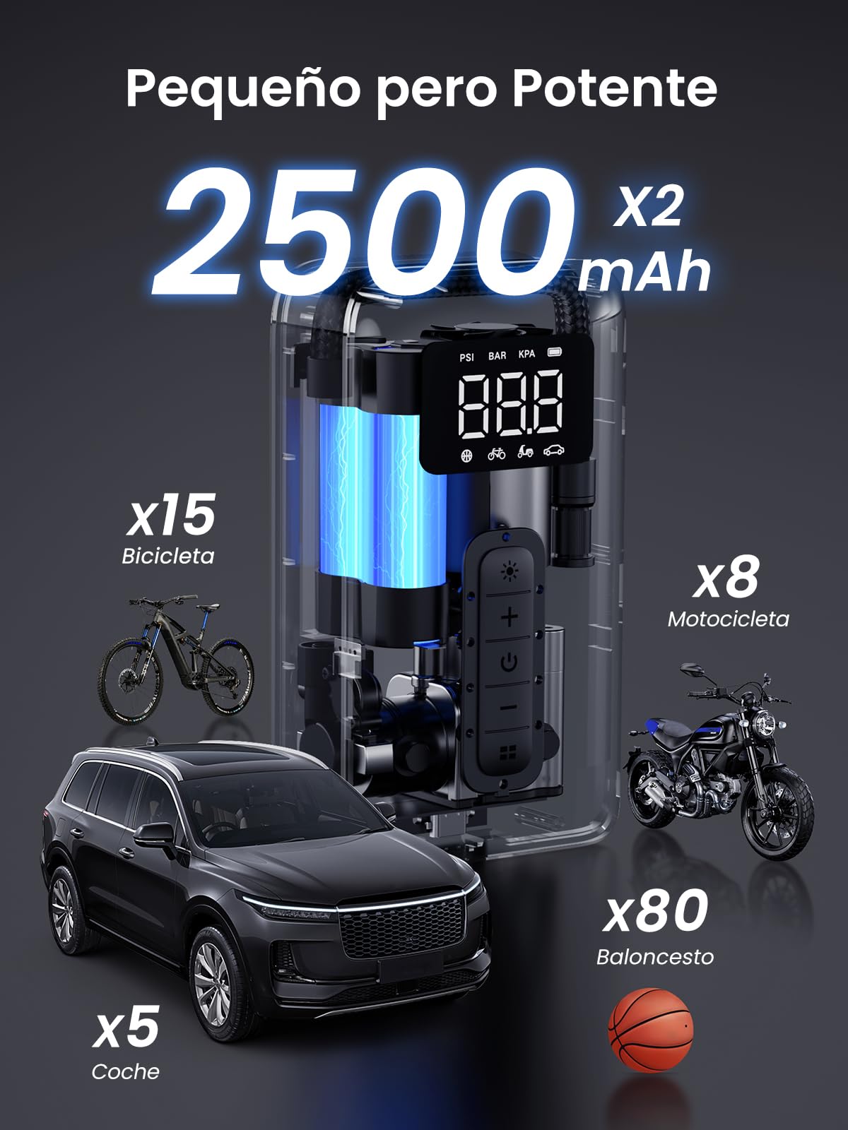 UGREEN Compresor Aire Portatil, 150PSI Inflador Ruedas Coche Mini Bomba de Aire Bicicleta Electrica con Pantalla LCD Digital y Linterna LED，con Boquillas para Coches, Motos, Bicicletas