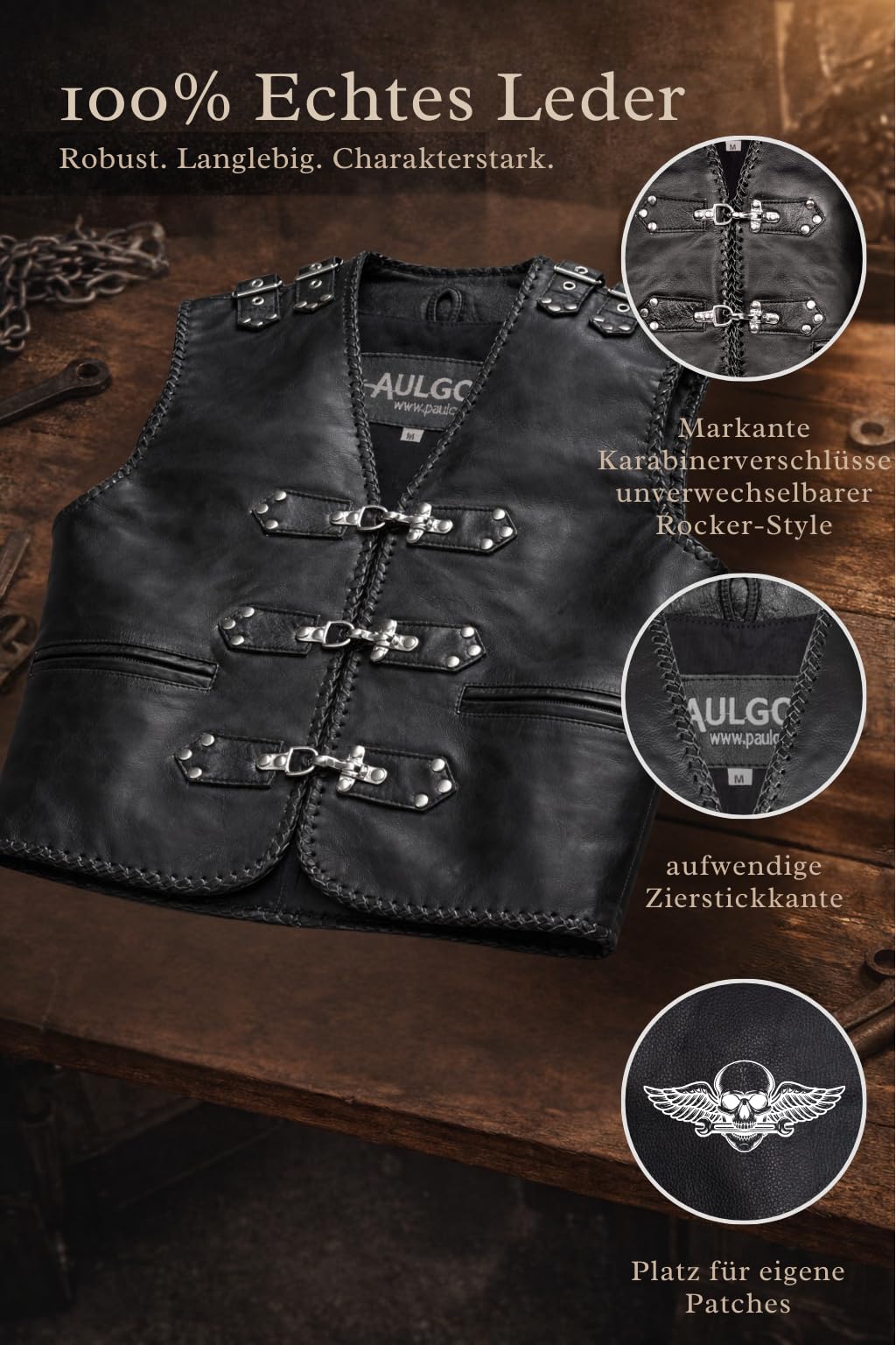 PAULGOS Lederweste Weste Kutte Leder Biker Rocker Motorrad Clubweste Bikerweste Motorradweste Schwarz BW7