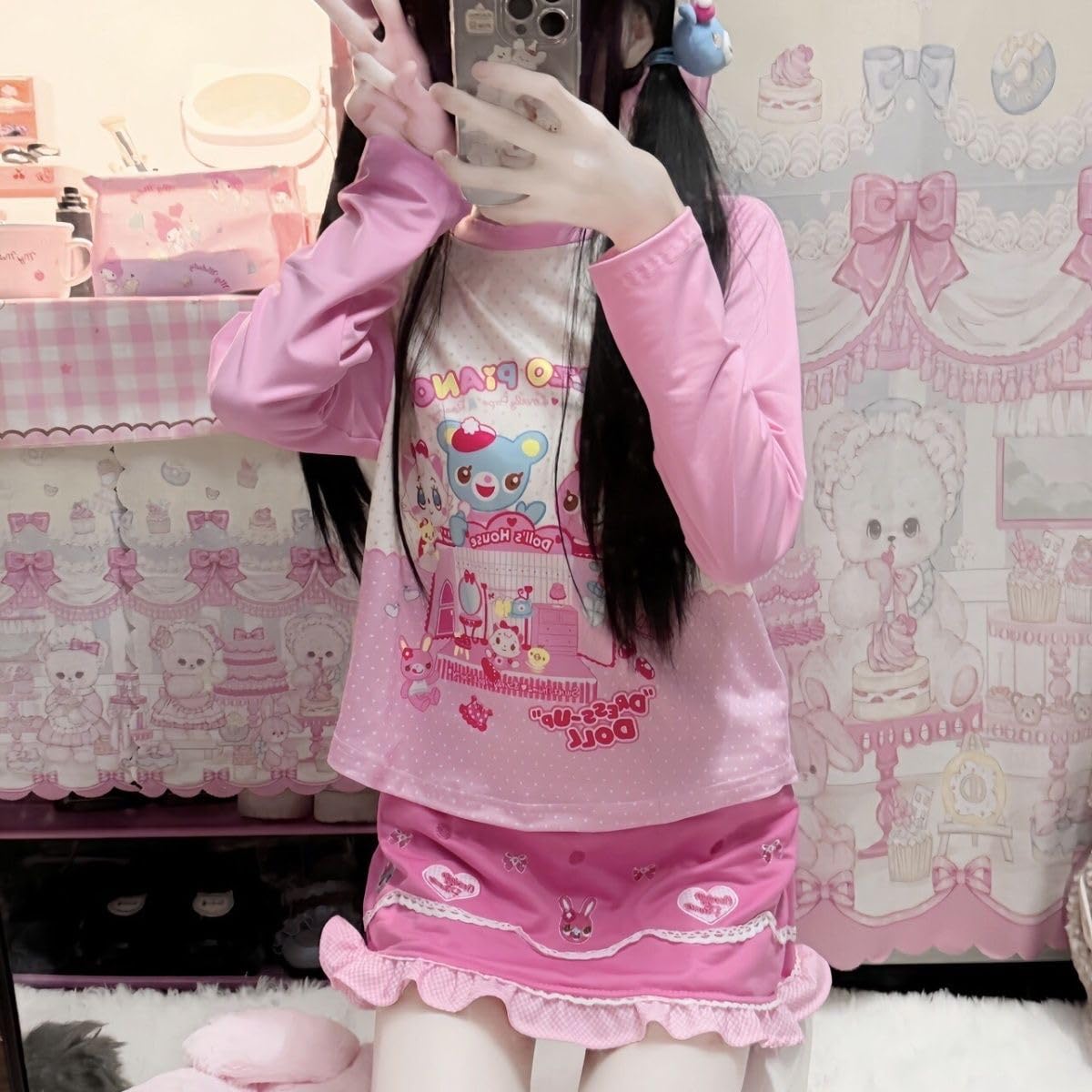 Sweet Crop Top Cartoon Print Harajuku Contrast Color T-Shirt Women Y2k Aesthetic Slim Ruffled Tee: White Small