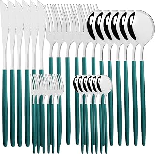30 unids Conjuntos de vajilla de oro blanco Conjunto de cubiertos de acero inoxidable Cubiertos de oro Cubiertos Juego de vajillas de cuchara Western Cuchillo Cuchillo Set (Color : Green Silver)