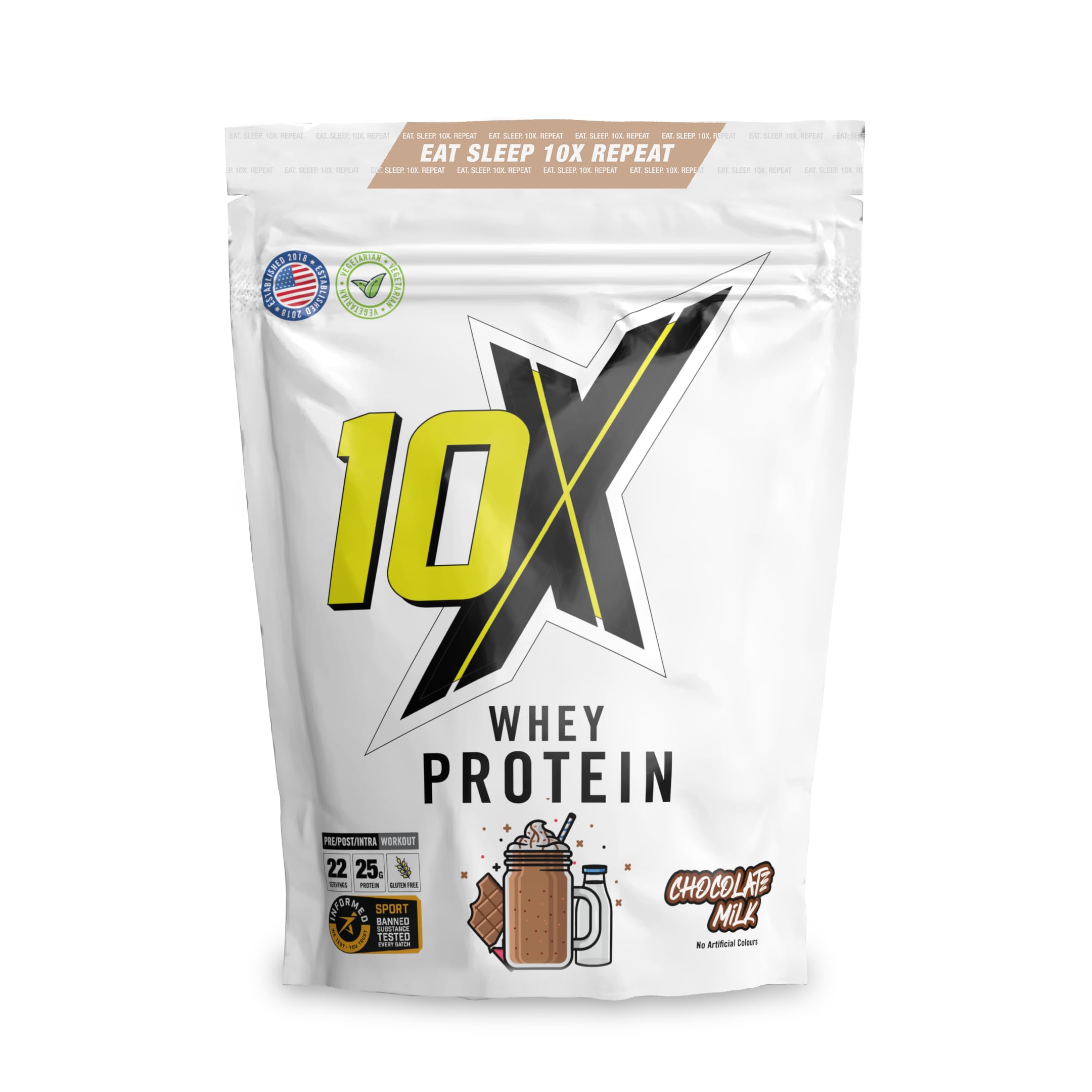 10X Athletic Whey Protein Powder Nutritious Delicious and Smooth Vegetarian Friendly High Protein Powder– 25g Protein Per Serving, 22 Servings, Informed Sport Certified, 750 g, Chocolate Milk
