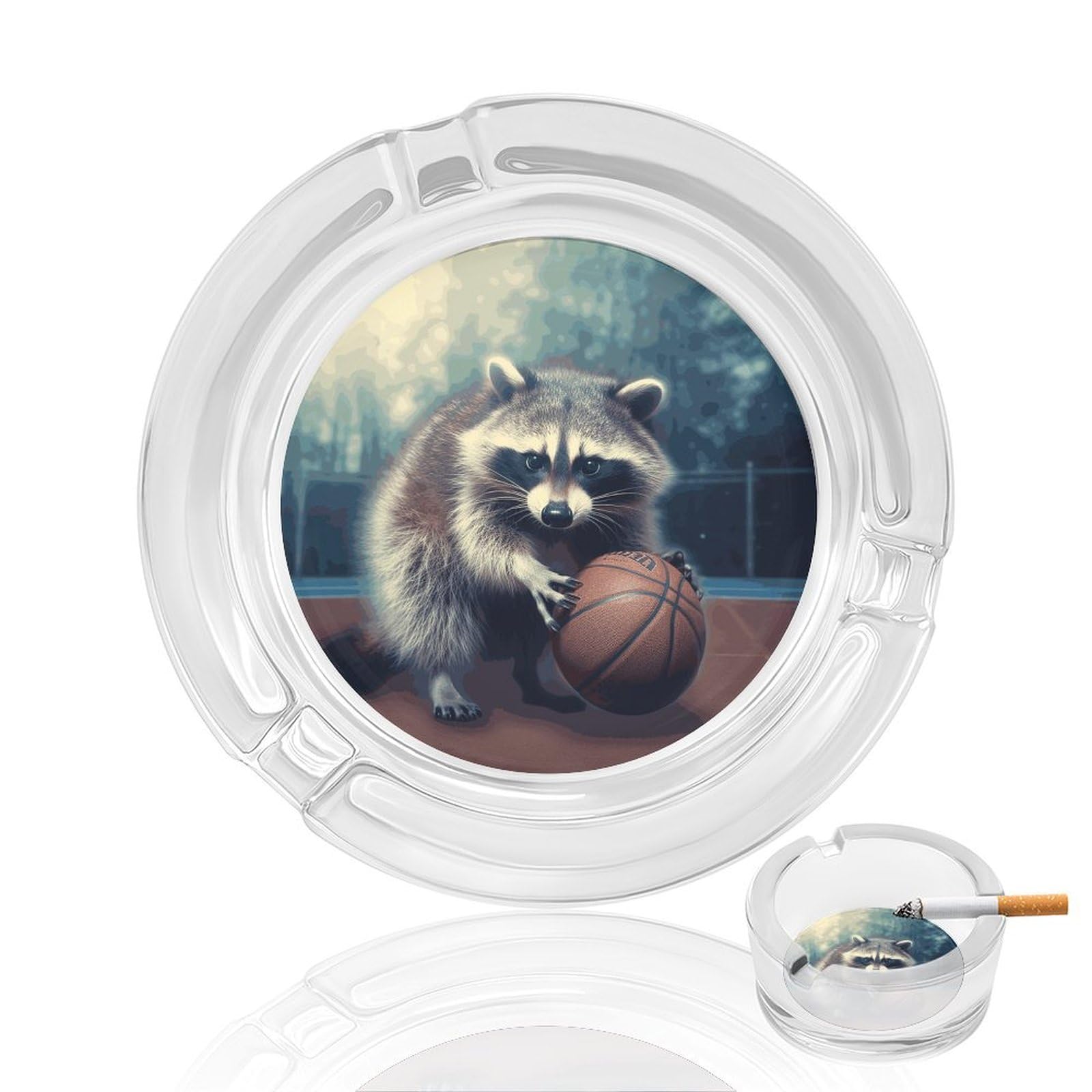 Funny Raccoon Basketball Glass Ashtray for Cigarette,Cigarette Ashtray for Indoor Or Outdoor Use,Cigar ash trays case with 3 Notches-Glass Decor Gift for Men Smokers