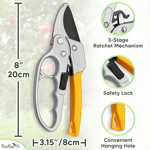 Miniatura 2 de EcoEarth Tijeras de podar de jardín resistentes, podadoras amarillas de mano para recortar plantas precisas, cortadoras de hojas afiladas con un