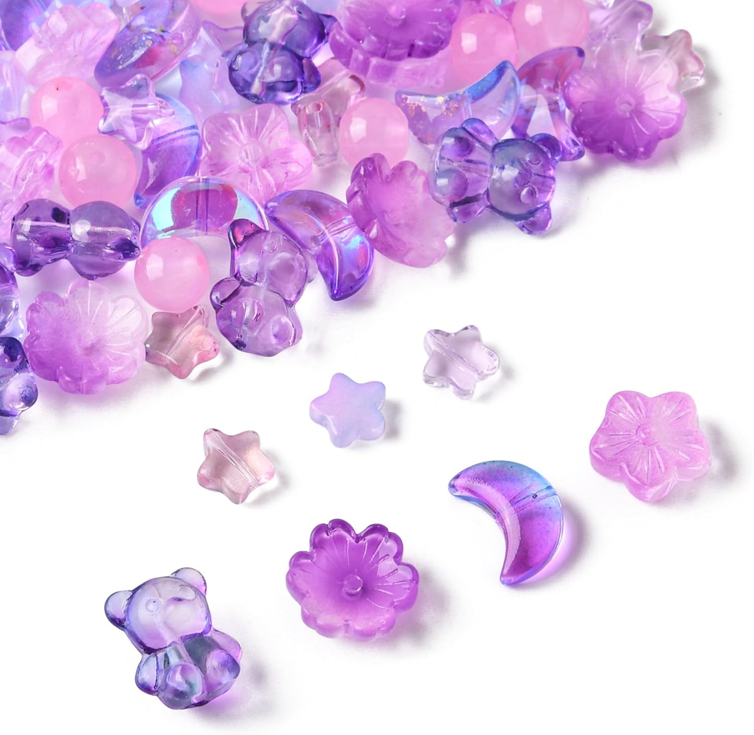 Assorted 122Pcs Glass Beads for Jewelry Making Including 8 Styles Transparent Star Flower Round Bear Moon Pink Glass Bracelets Necklaces Earrings Beads - Image 2