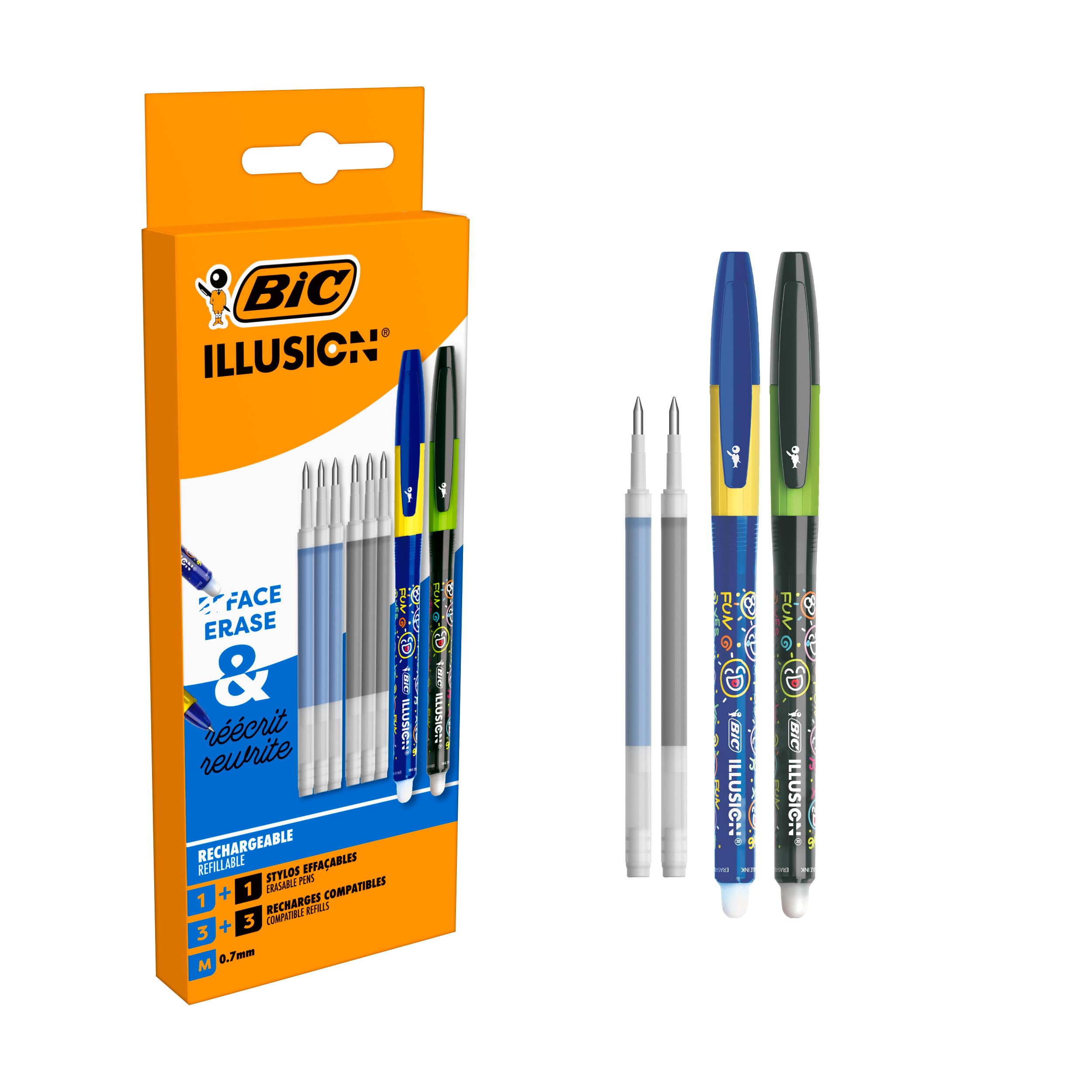 BIC Illusion Bolígrafos Borrables y Recargables de Punta Media y Recargas (0,7 mm) - Tinta Azul y Negra, Caja de 2 Bolis + 6 Recambios