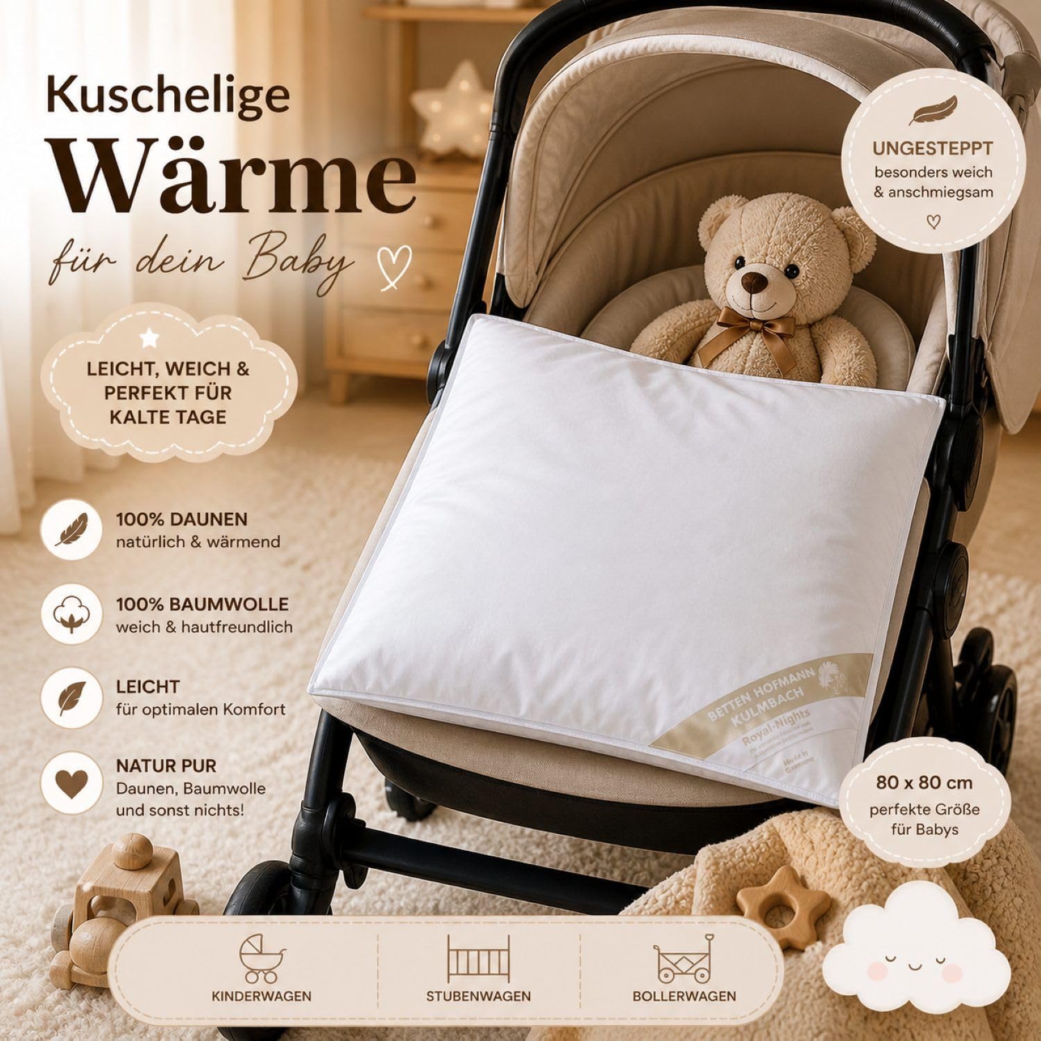 Betten Hofmann Baby Winter Daunenbett 80x80 cm Babydaunendecke, kuschelig warm, 250g Füllgewicht, Naturprodukt, waschbar