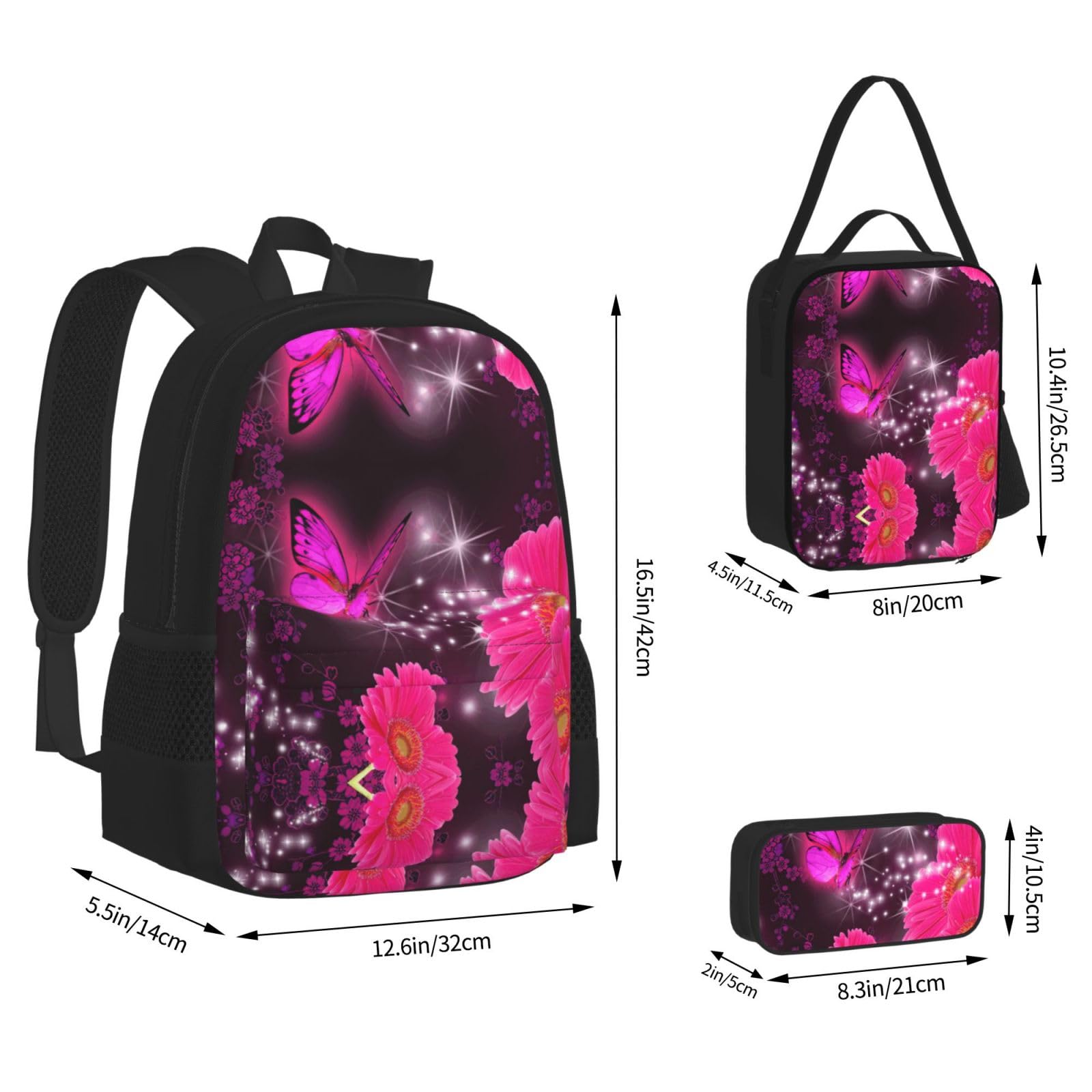 Juego de 3 mochilas escolares con estampado de mariposas moradas y flores rosadas, mochila para laptop resistente al agua de gran capacidad con bolsa de almuerzo aislada y estuche para lápices para