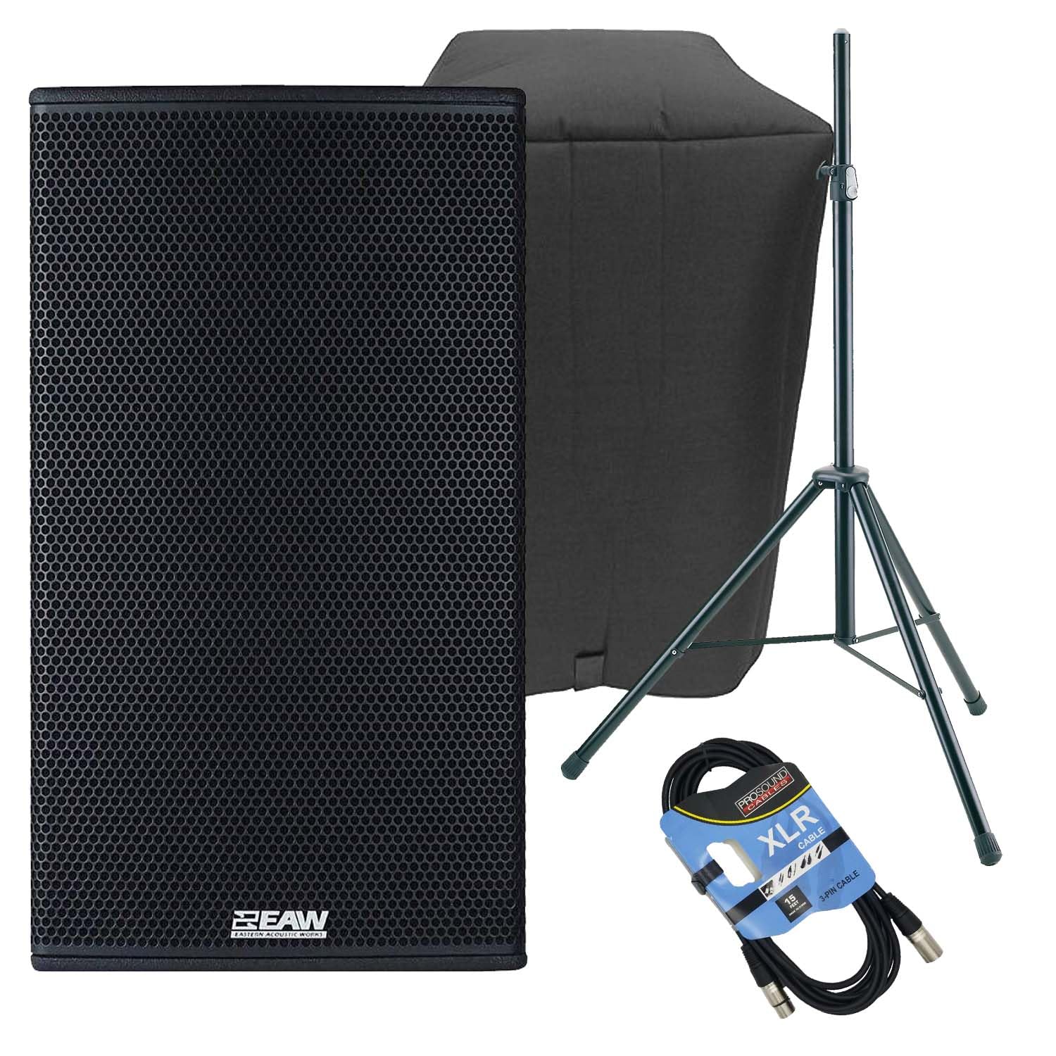 EAW RS121 1500W 12″ Powered Loudspeaker, EAW Cover, Speaker Stand, XLR Cable Bundle