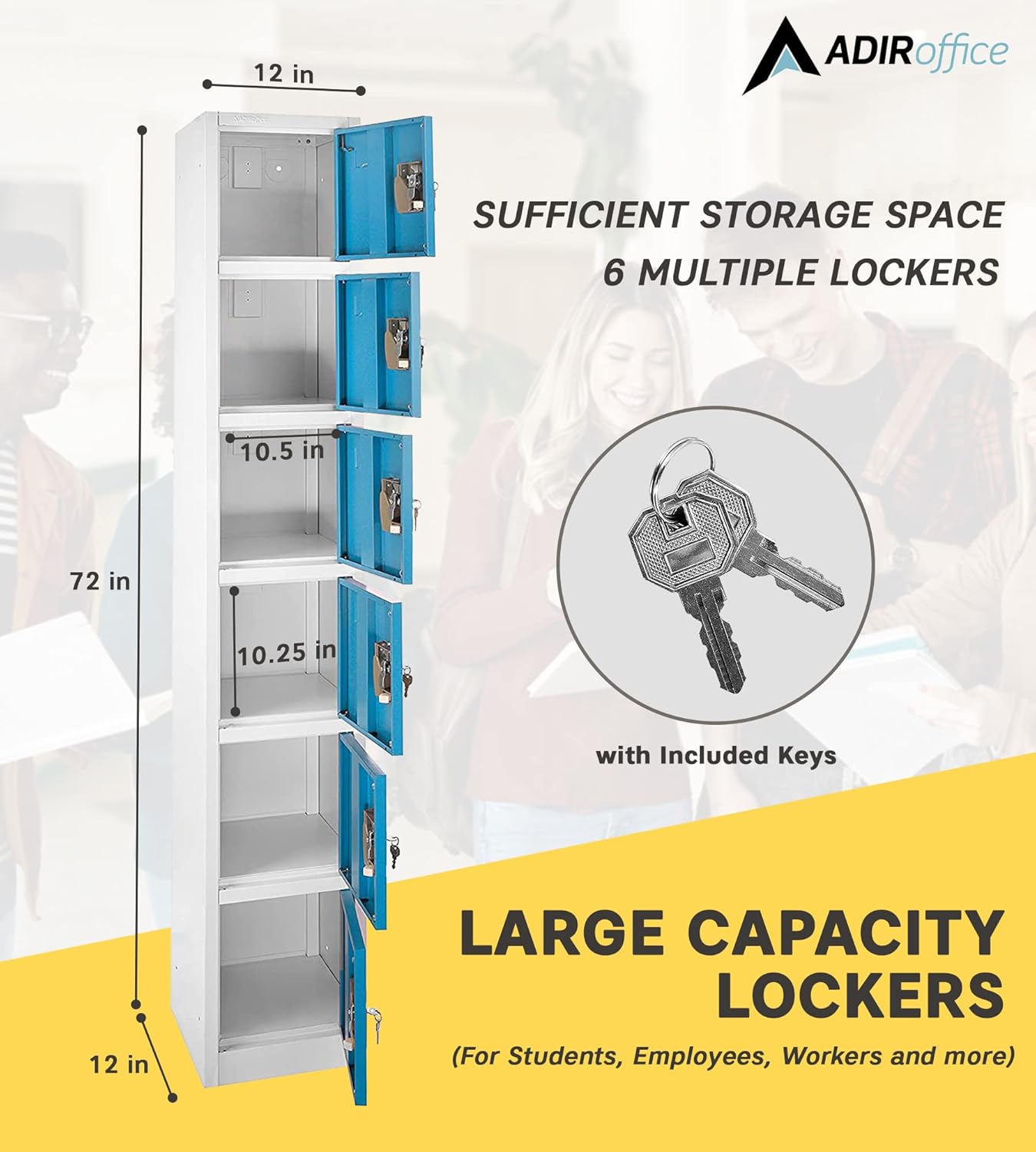 AdirOffice Large School Locker with 6 Doors 6 Hooks Storage Locker for Garage Storage - Office Storage Lockers (6 Door, Blue)