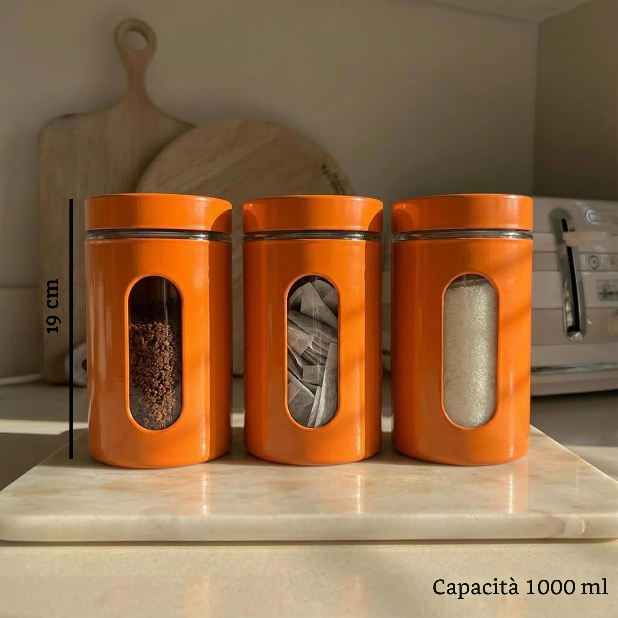 PREMIER Housewares 1209788 Set di 3 Barattoli, 1000 ml, in Smalto Arancione su Acciaio e Vetro