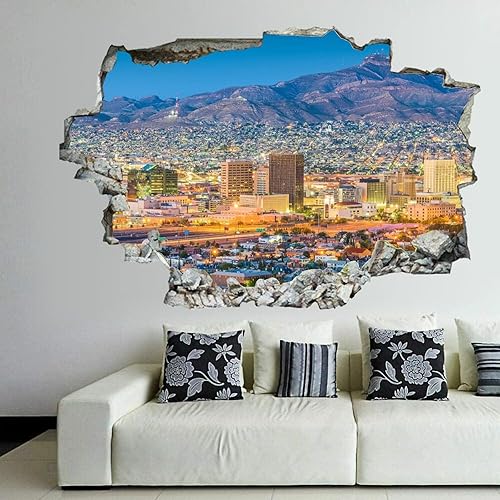 Pegatinas de pared rotas en 3D El Paso, Texas, el centro de la ciudad de Estados Unidos al atardecer con Juárez de 36 x 24 pulgadas, calcomanía de