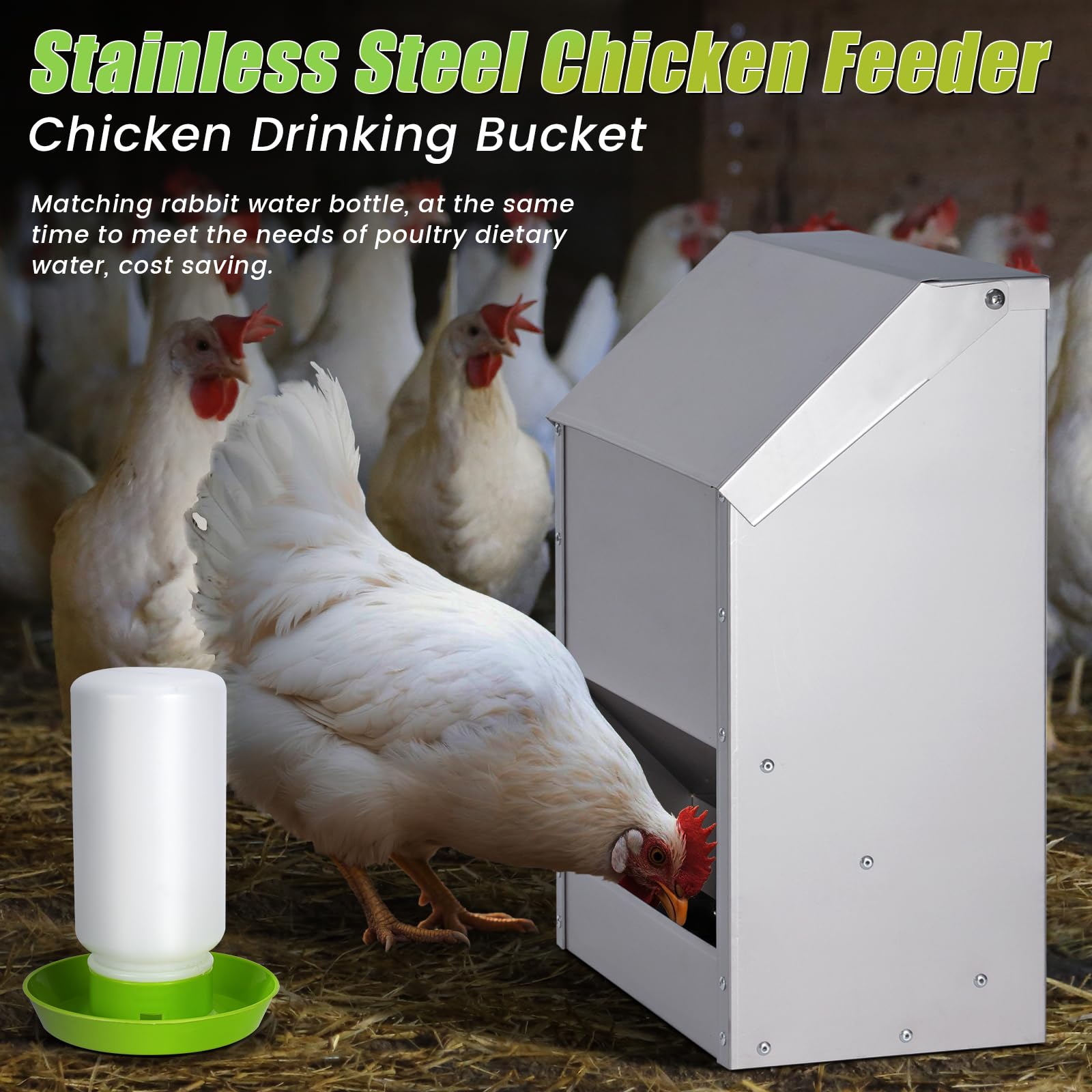 Comedero AutomáTico para Pollos, 10 Kg Comedero Colgante de Acero Inoxidable para Aves de Corral con Bebedero para Pollos, Sin Desperdicios, Comedero para Gallinero Exterior para Patos, Gansos