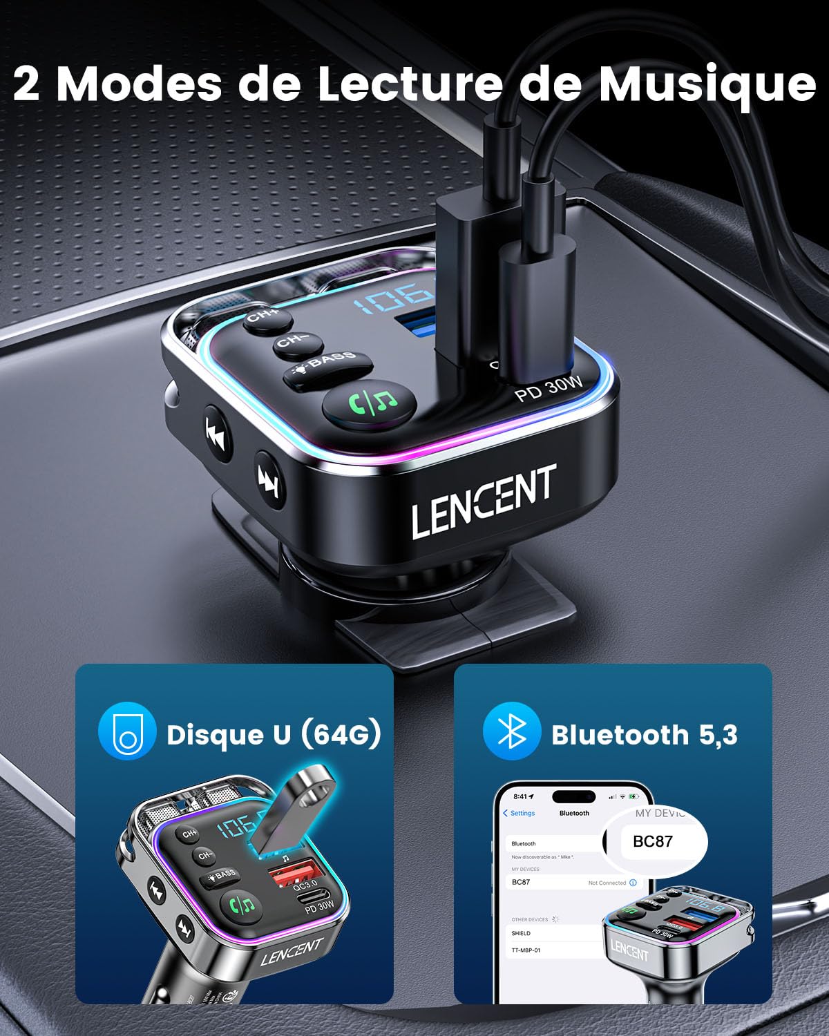 LENCENT Transmetteur FM Voiture, Allume Cigare Bluetooth 5,3 Émetteur Radio, Chargeur Rapide PD 30W & QC3.0 18W Hi-FI, Appels clairs Adaptateur pour