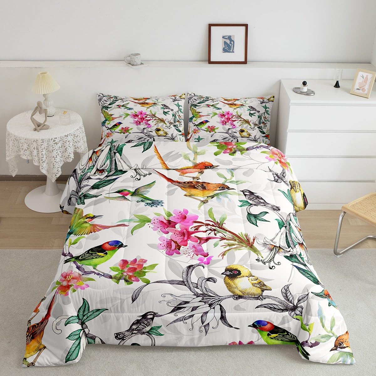 Homewish Teens Birds Pattern Comforter Set Queen Size,Spring Flowers Bedding Set for Kids Boys Girls Bedroom Decoration,Colorful Bed Duvet Insert,Garden Comforter with 2 Pillowcases