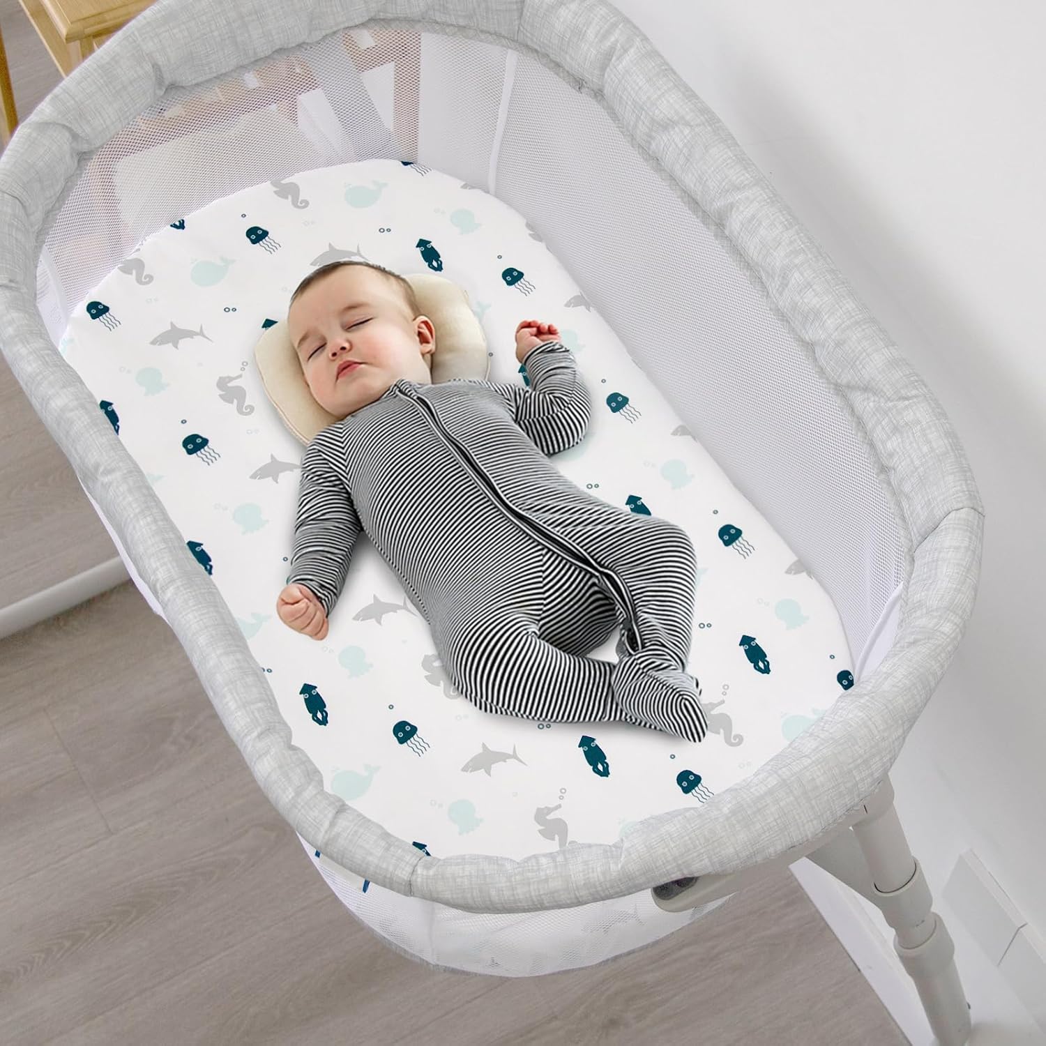 Baby Bassinet Fitted Sheets 4 Pack Compatible with 4moms MamaRoo Sleep, Regalo Baby Basics Bassinet and Chicco Close to You 3-in-1 Bedside, Ultra Soft and Skin-Friendly, Aqua Dinosaurs & White Ocean - Image 5