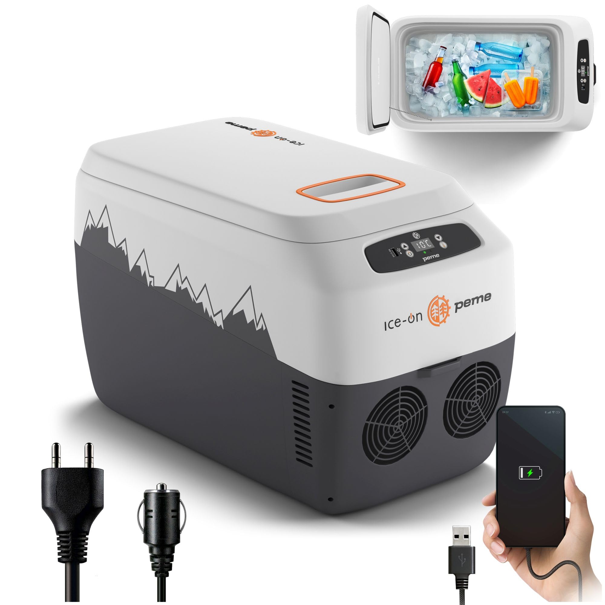 peme Ice On 28,3L – Przenośna lodówka termoelektryczna z wyświetlaczem LCD, portem USB, podwójnym zasilaniem 12V/230V – Idealna na camping, podróże & do samochodu