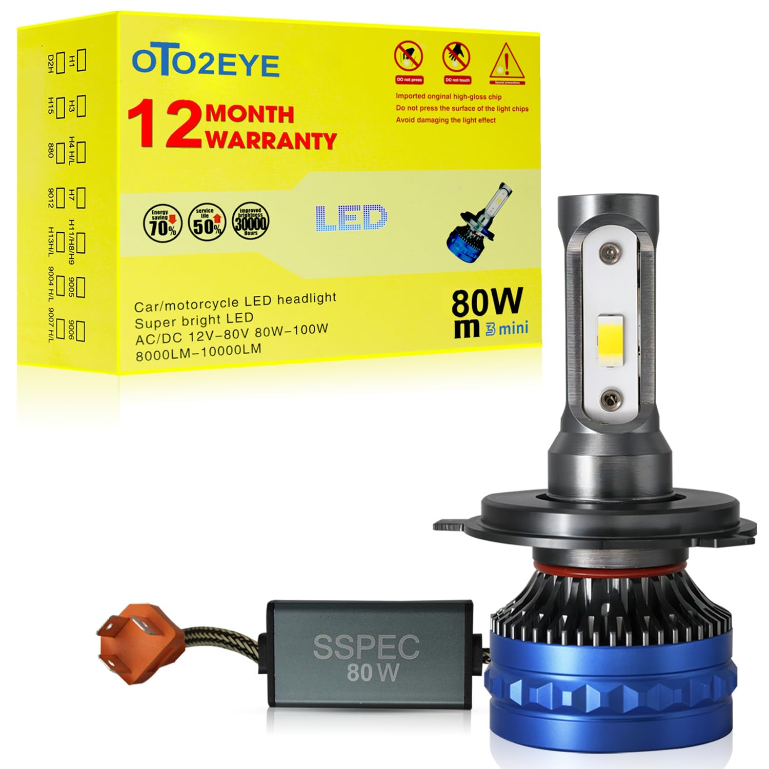 OTO2EYE 1 YEAR WARRANTY 80 Watt Super Bright H4 LED Headlight Bulb for Bike Scooter LED Light for Bike 8000 Lumens 10000 RPM Fan for Fast Cooling Full Aluminum Body Bike LED Light