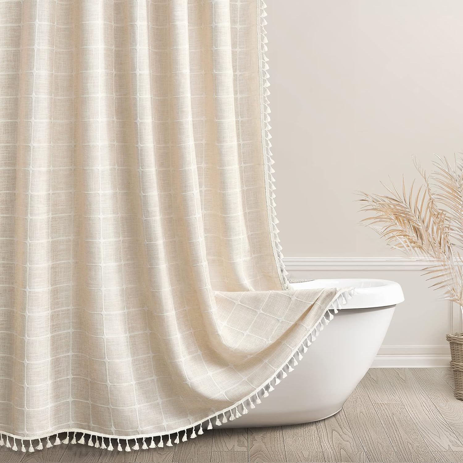Awellife Boho Shower Curtain for Bathroom Beige Linen