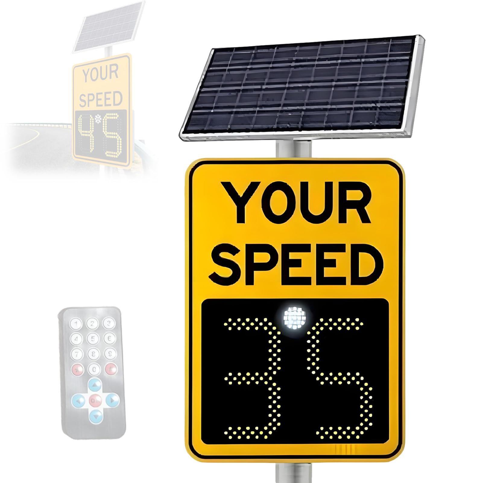Señal de límite de velocidad con radar LED alimentada por energía solar, para seguridad vial, con panel solar y control remoto, 19.6in x 27.5in