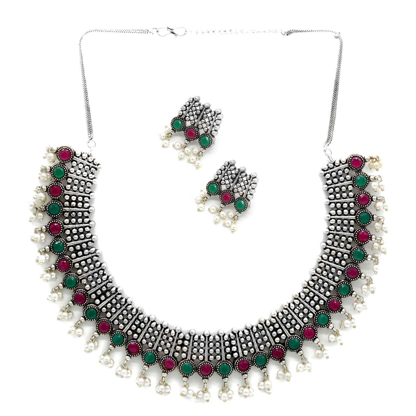 TEEJH Symmetric Multi colored Silver Necklace Set For Women (B08YNJ3HKL) Amazon Price History, Amazon Price Tracker