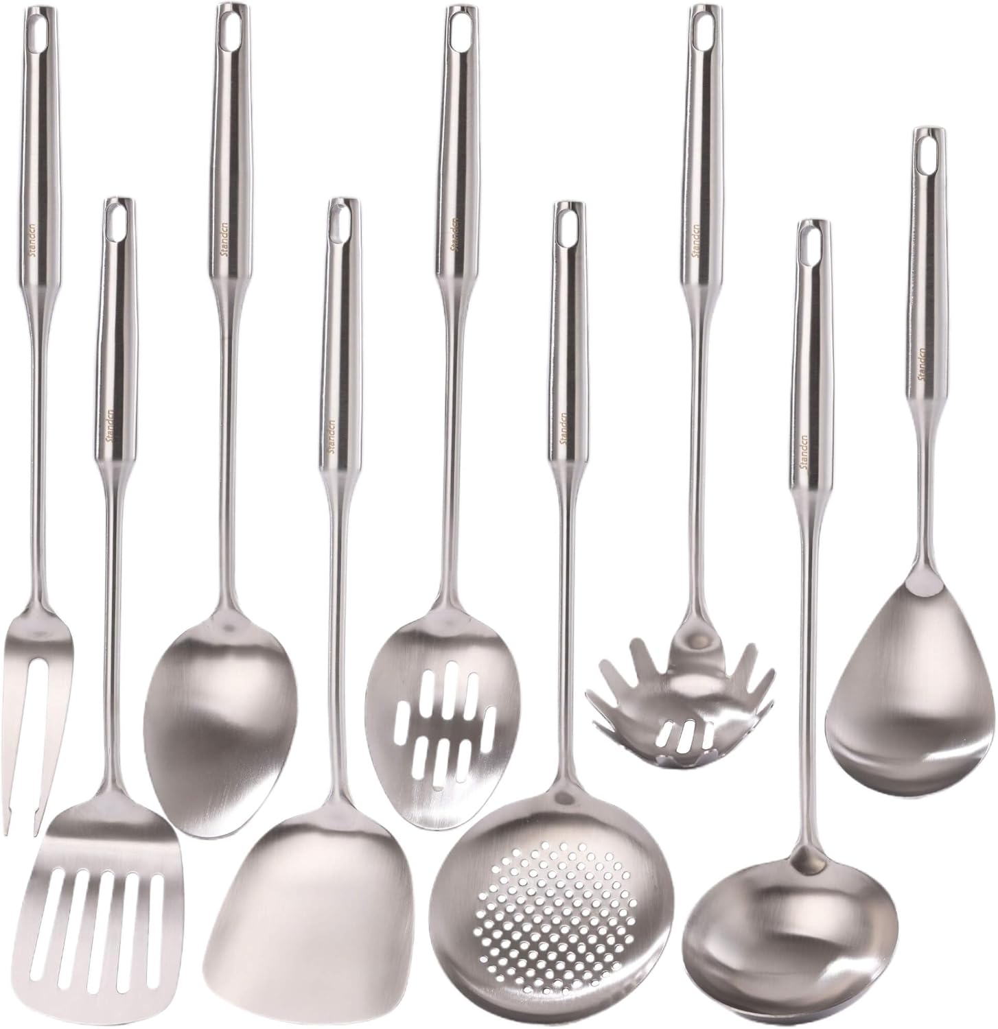 18/10 Stainless Steel Kitchen Utensils Set - 15” Long Metal Cooking Tools & Serving Utensil, 9 PCS - Meat Fork, Solid Spoon, Slotted Spoon, Spatula, Ladle, Skimmer, Tunner, Pasta Serve, Large Spoon 9-Pieces