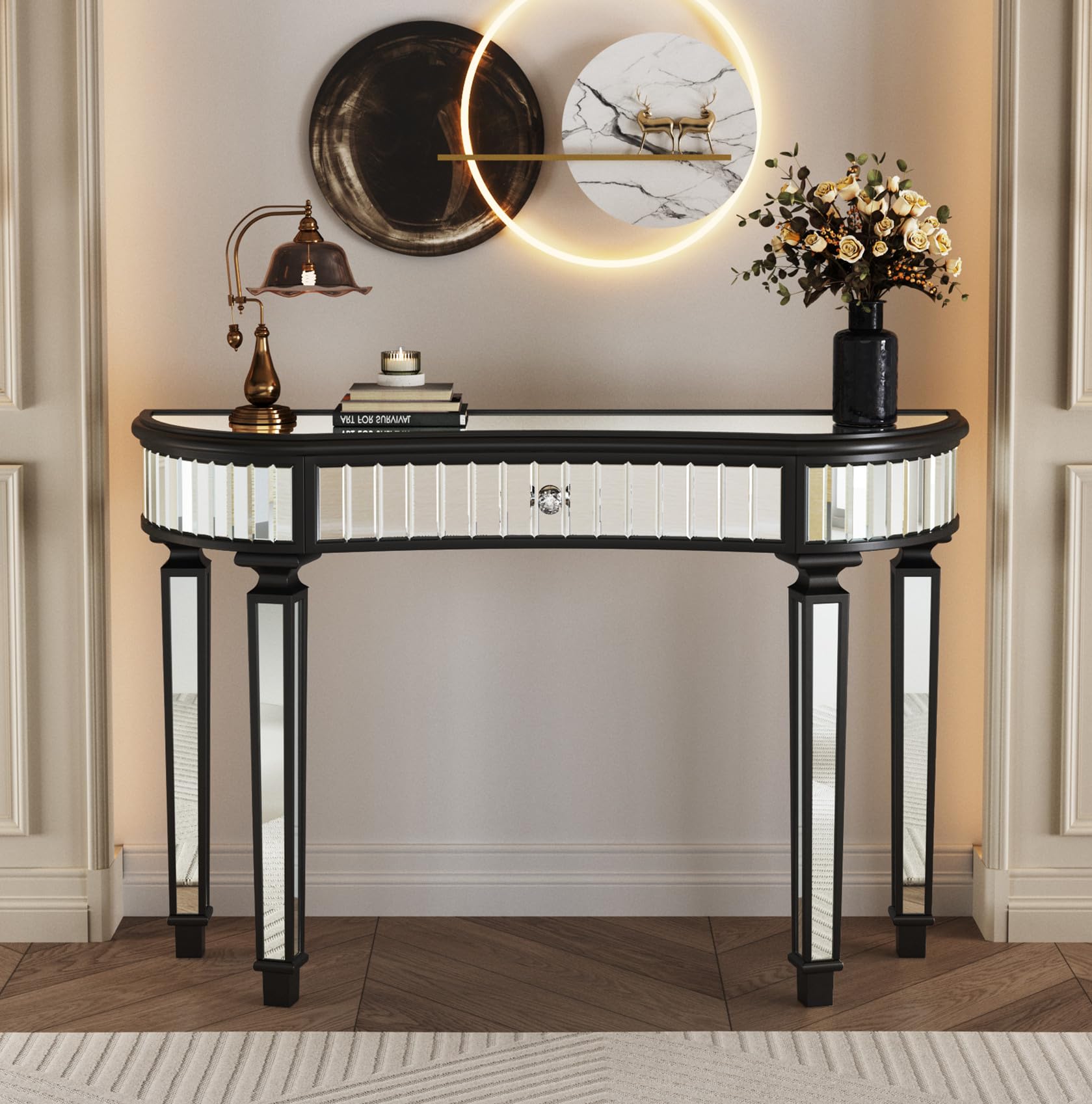 Modern Mirrored Console Table,47-Inch Mirrored Sofa Entryway Table with Half-Moon Tabletop Design,Rectangle Narrow Accent Foyer Table for Living Room