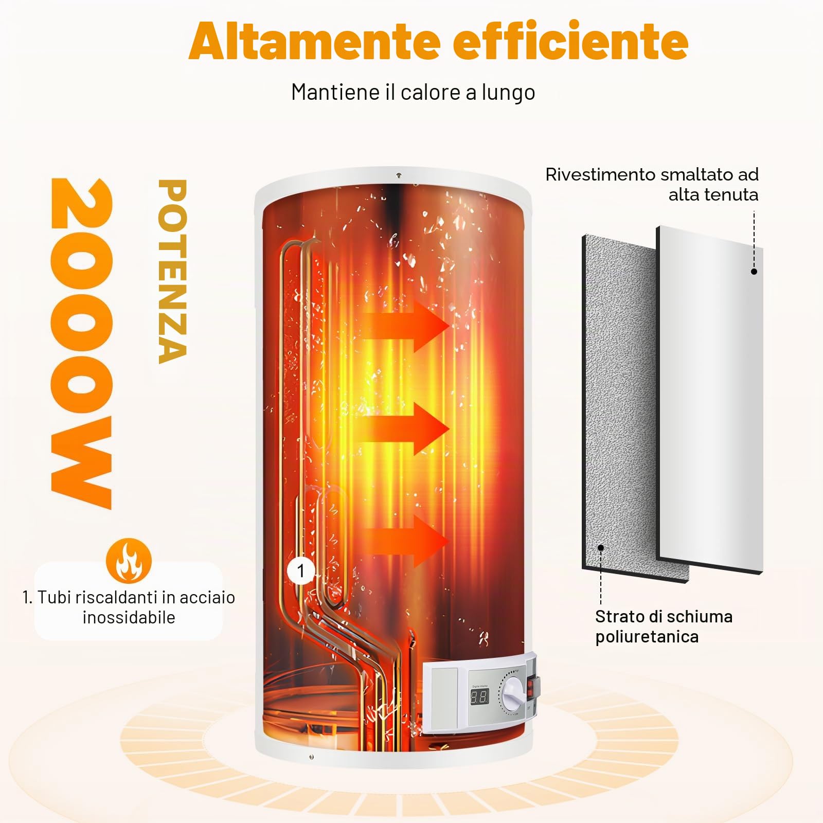 Scaldacqua elettrica istantanea da 50 l, scaldabagno elettrico da 2000 W, scaldabagno, 71 x 34 cm, con set doccia, 25 – 75 ℃, per cucine, WC, appartamenti
