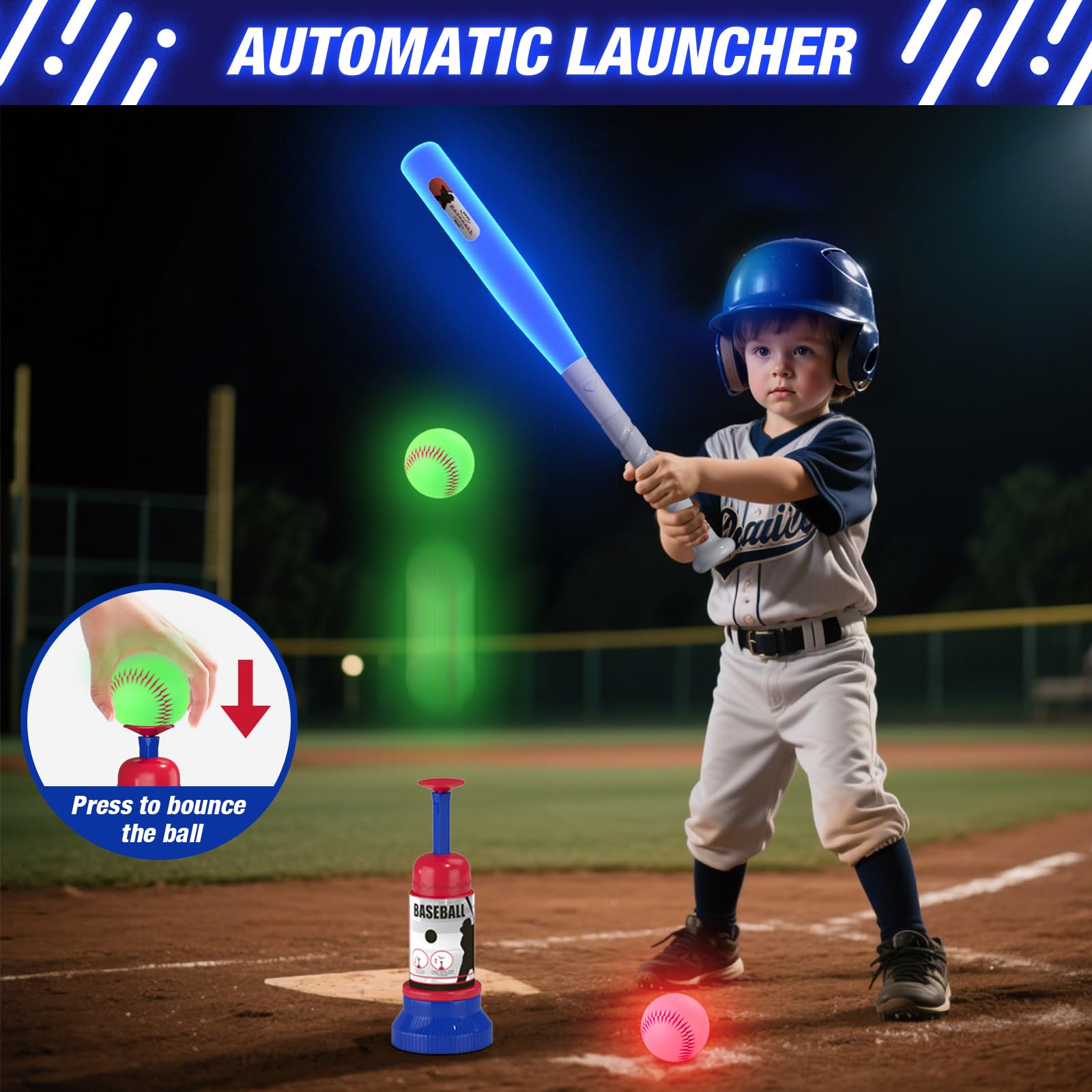 HYES Juego de béisbol LED 3 en 1 para niños de 3 a 5 años, soporte de tee ball, camiseta colgante, lanzador de bolas y 4 pelotas de sóftbol, altura ajustable, regalos deportivos para interiores y