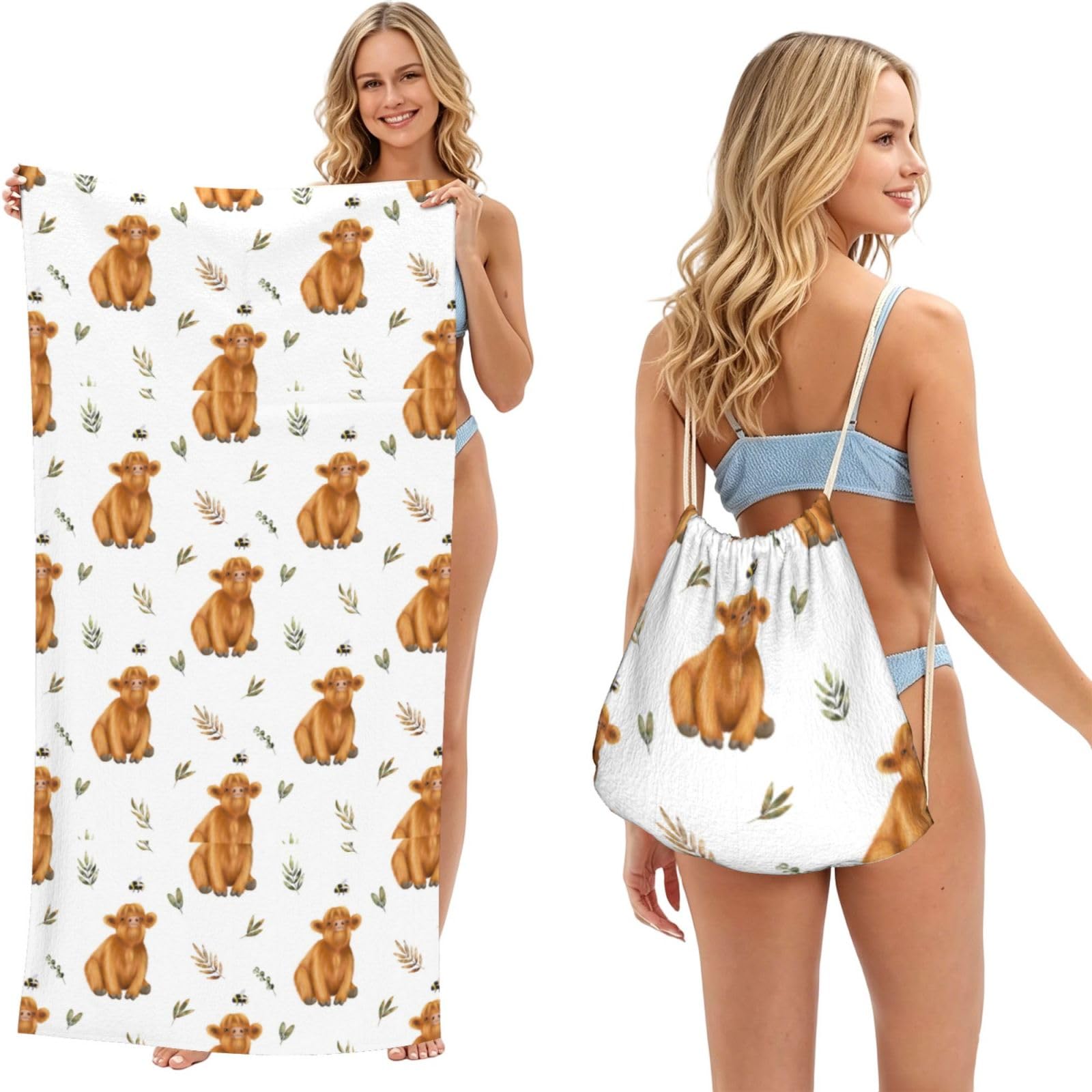 Poadnly As Picture Cute Highland Cow, 2 In 1 Packable Towel Bag, Beach Towels With Drawstring Backpack For Travel Holiday Camping