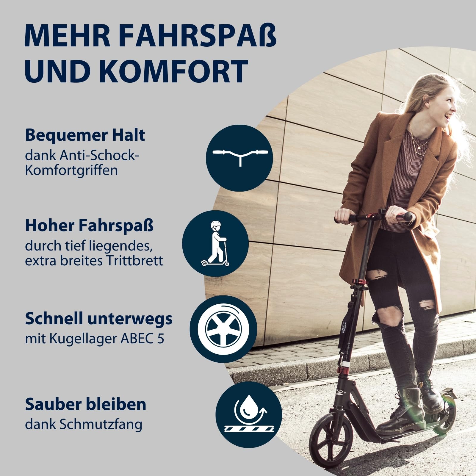 HUDORA BigWheel Style 230 Scooter - Stabiler Aluminium-Roller mit großer Trittfläche - Höhenverstellbarer & zusammenklappbarer Cityroller für bis zu 120kg - Tretroller für Jugendliche & Erwachsene