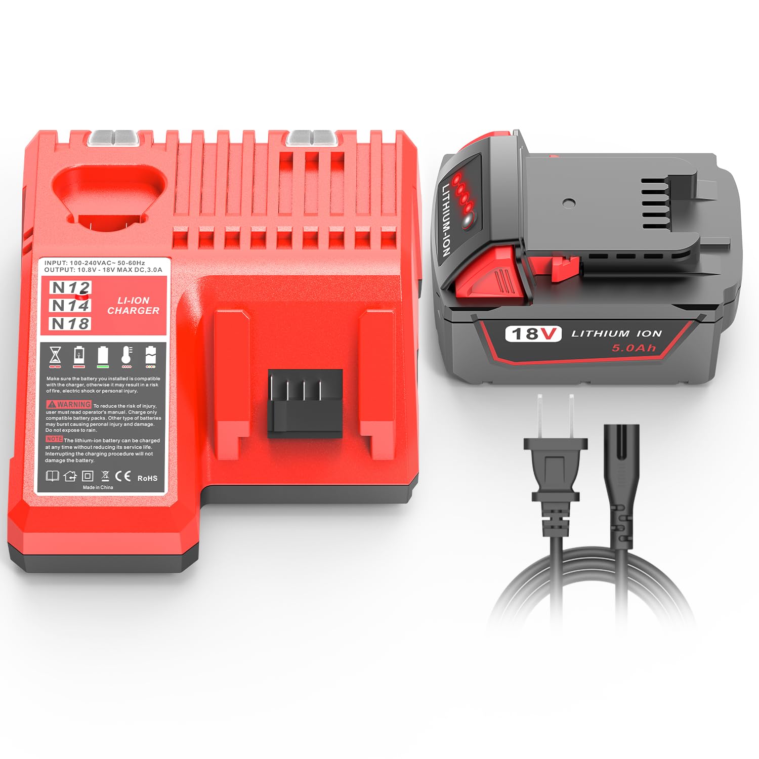 FORBETER 5.0Ah 18V Extended Capacity Battery Replacement for Milwaukee M18 Battery and Charger Kit, Compatible with M18 Milwaukee Cordless Power Tools