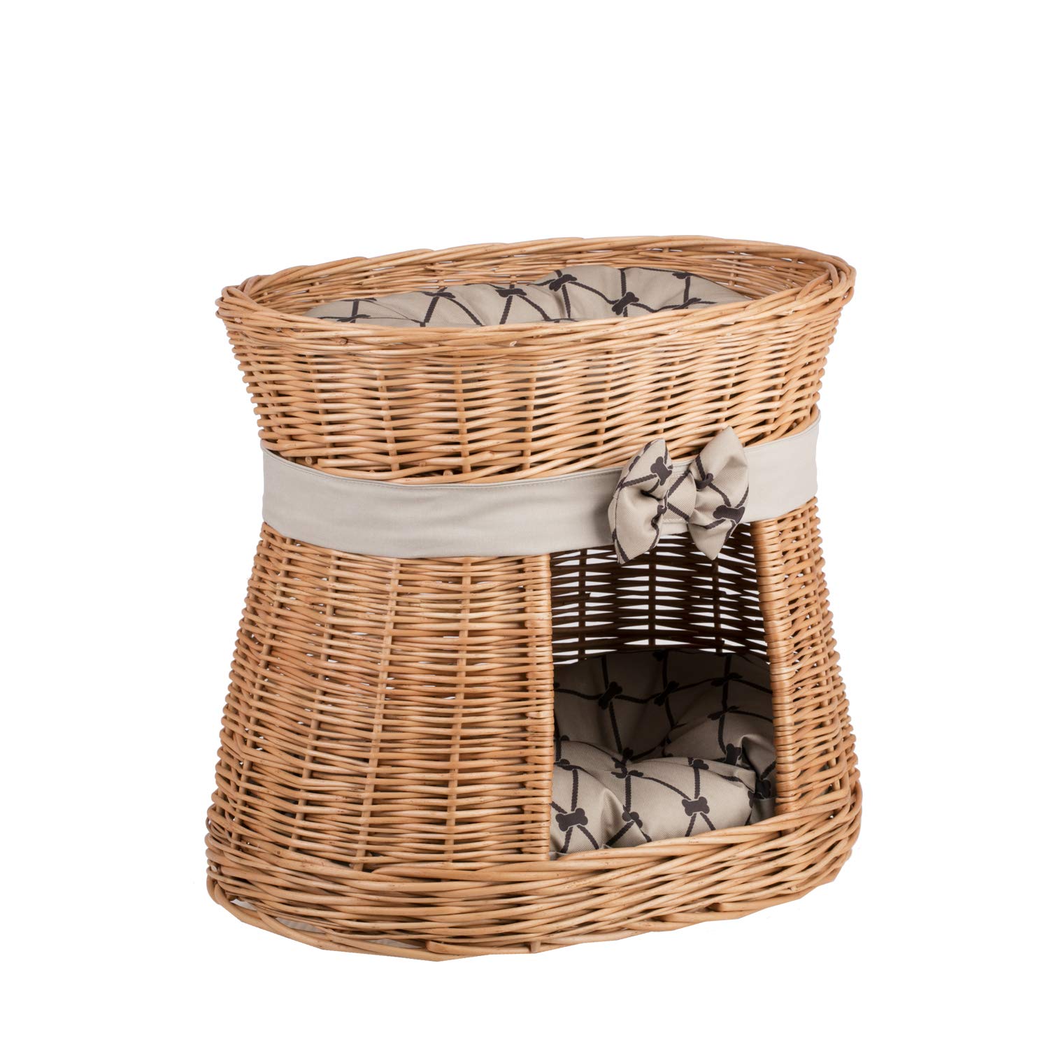 e-wicker24 Cuccia a 2 Piani per Gatti e Cani - Cesta in Vimini Fatta a Mano - Letto per Animali Interno Con 2 Morbidi Cuscini