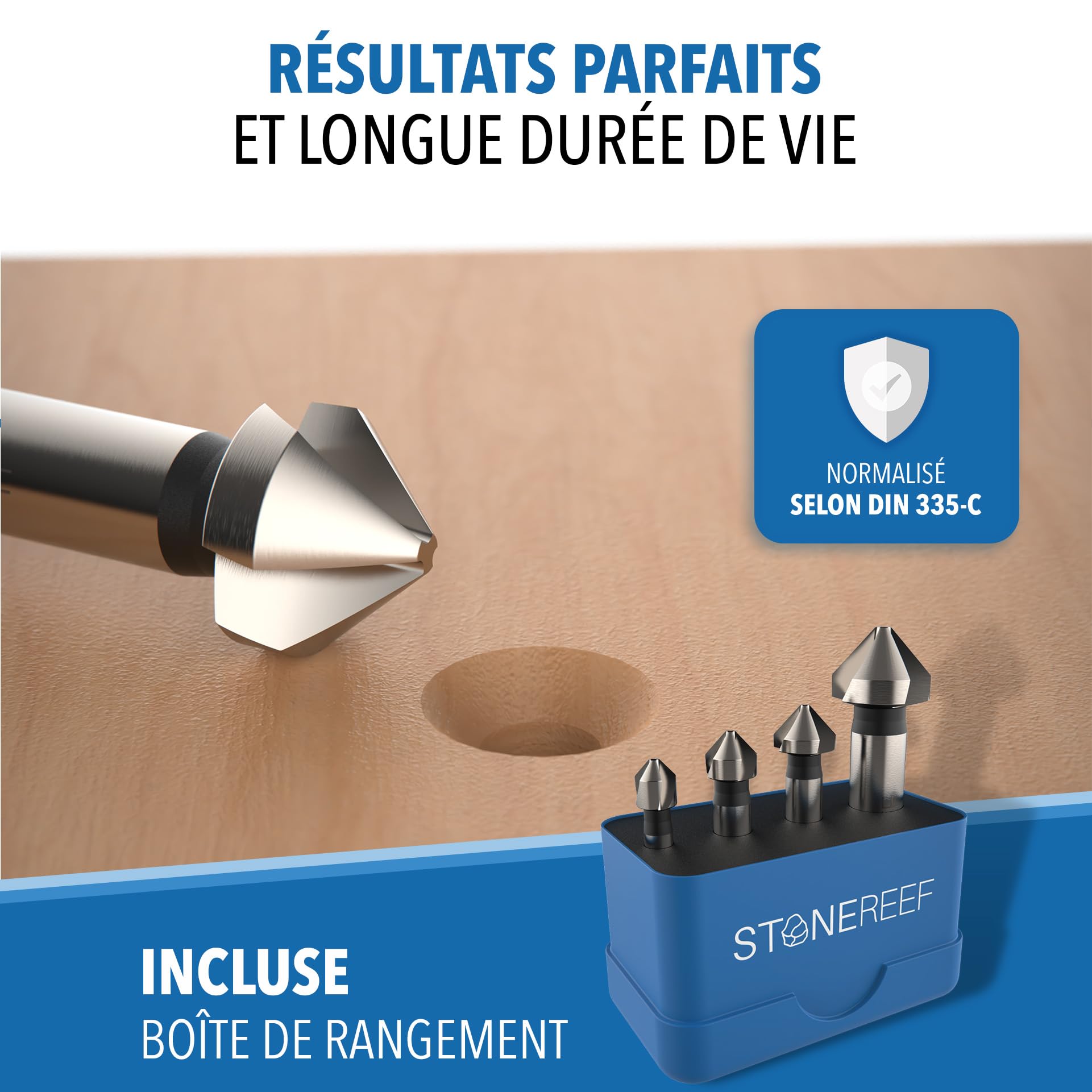 Lot de 4 fraises coniques [6,3, 8,3, 10,5, 16,5 mm] HSS pour métal et bois – Fraise à métal, fraise à bois – Extra tranchant grâce au ponçage industriel – S'adapte aux mandrins courants – Avec boîte
