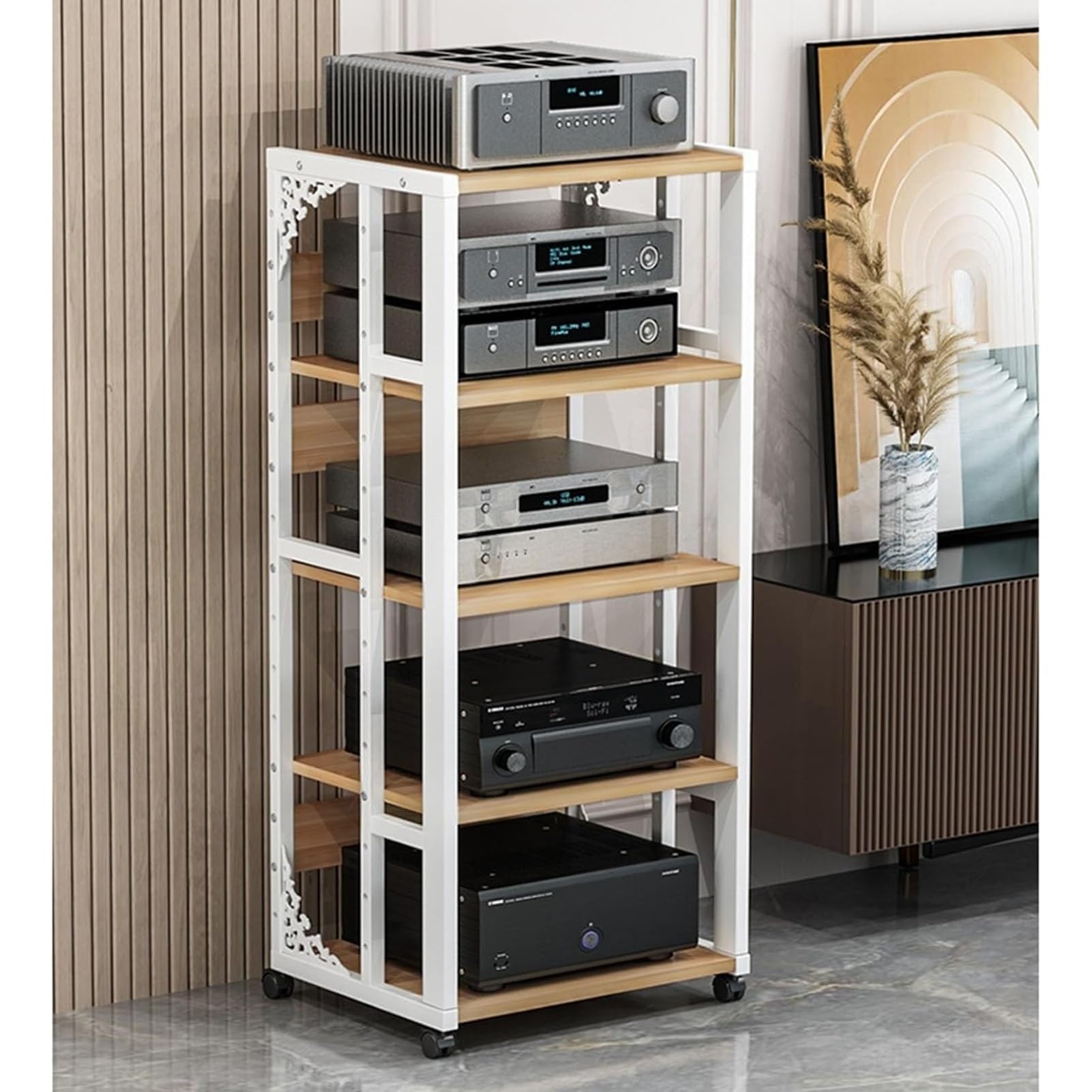XingLi Movable 3/4/5-Tier Media Stand Audio/Video Component Cabinet with Height Adjustable Wooden Shelf Multi-Function Open Storage Rack? for Home/Office/Theater(White,5 tier)