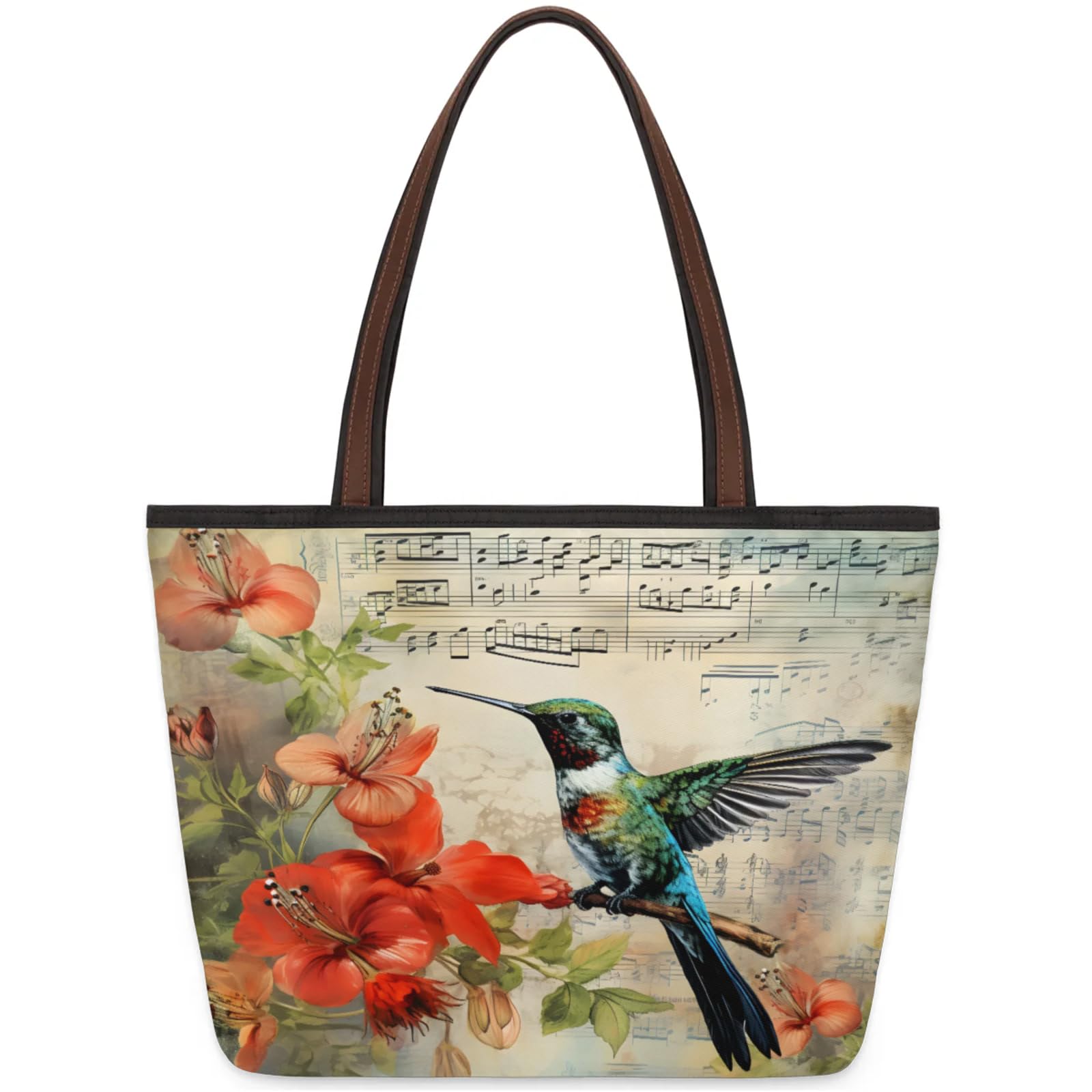 Flower Bird Vintage Sheet Music Tote Bag Multi Pocket Zippered Beach Bag Lightweight Waterproof Handbag for Women Men Work Gym Travel Swimming Yoga Grocery Shopping M