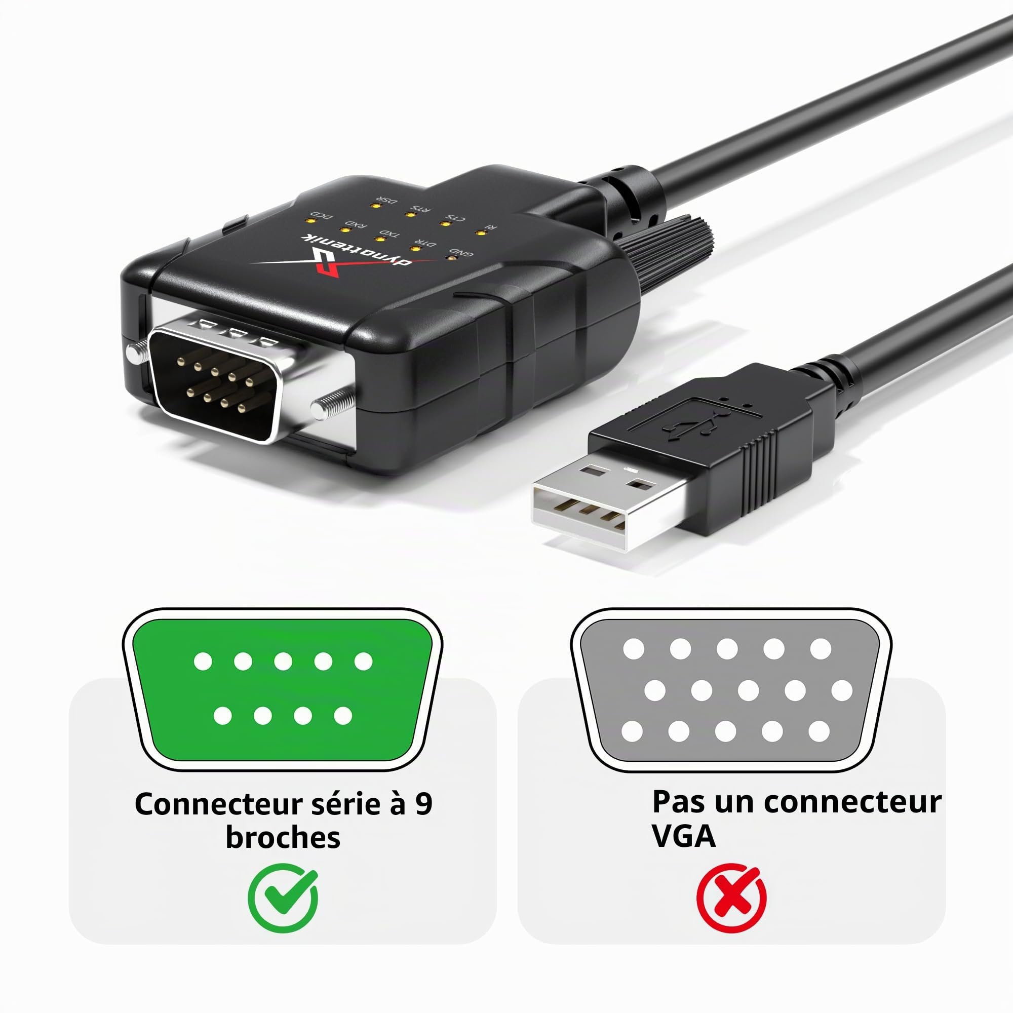 DeStatiX A9 Câble Adaptateur USB-A vers DB9 RS232 avec 9 LED d’Indication, FTDI, Protection ESD, Convertisseur Port COM pour Applications Industrielles, Compatible Windows 11, macOS, Linux