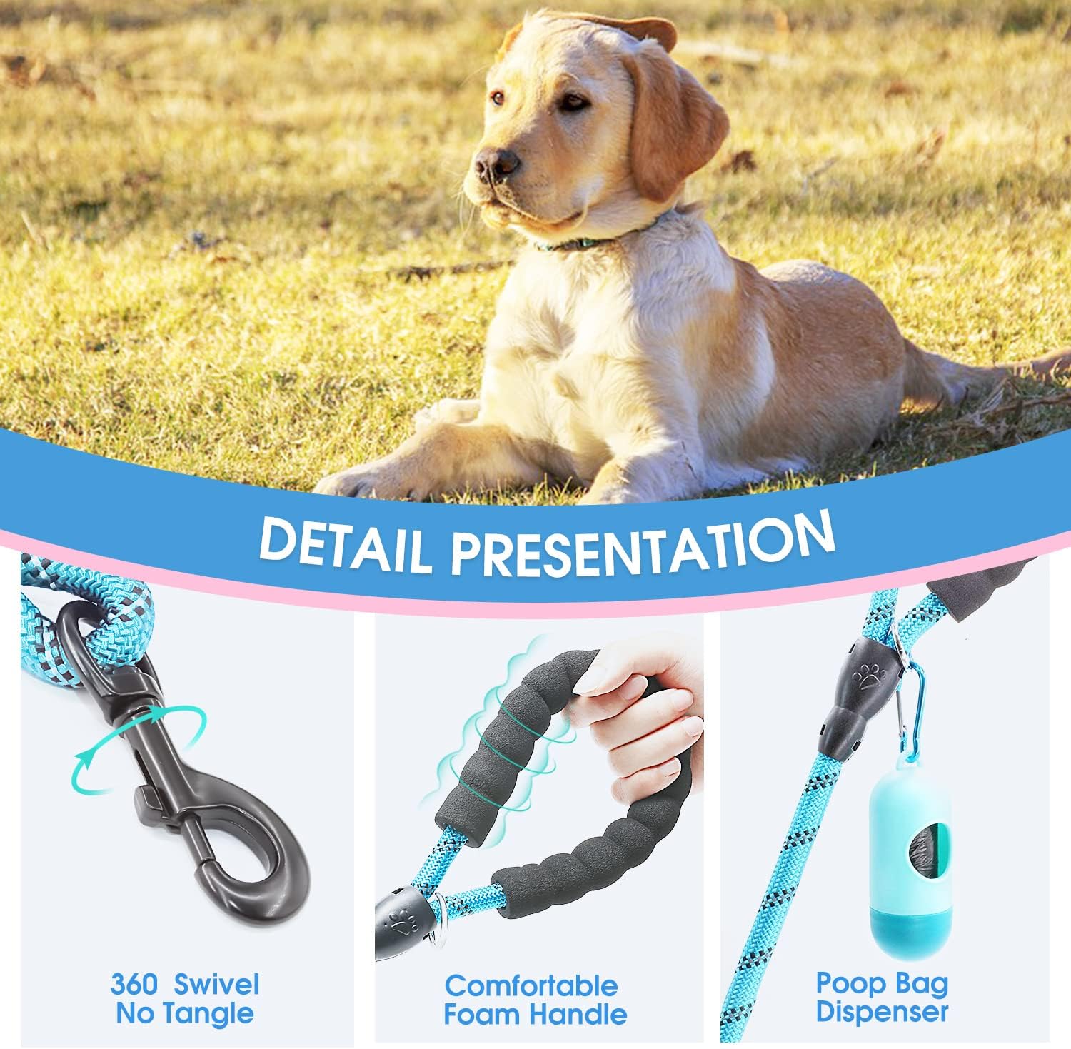 BAAPET 4 FT Strong Dog Leash with Comfortable Padded Handle and Highly Reflective Threads Heavy Duty Dog Leashes for Medium Large Dogs with Poop Bags (Blue) - Image 4