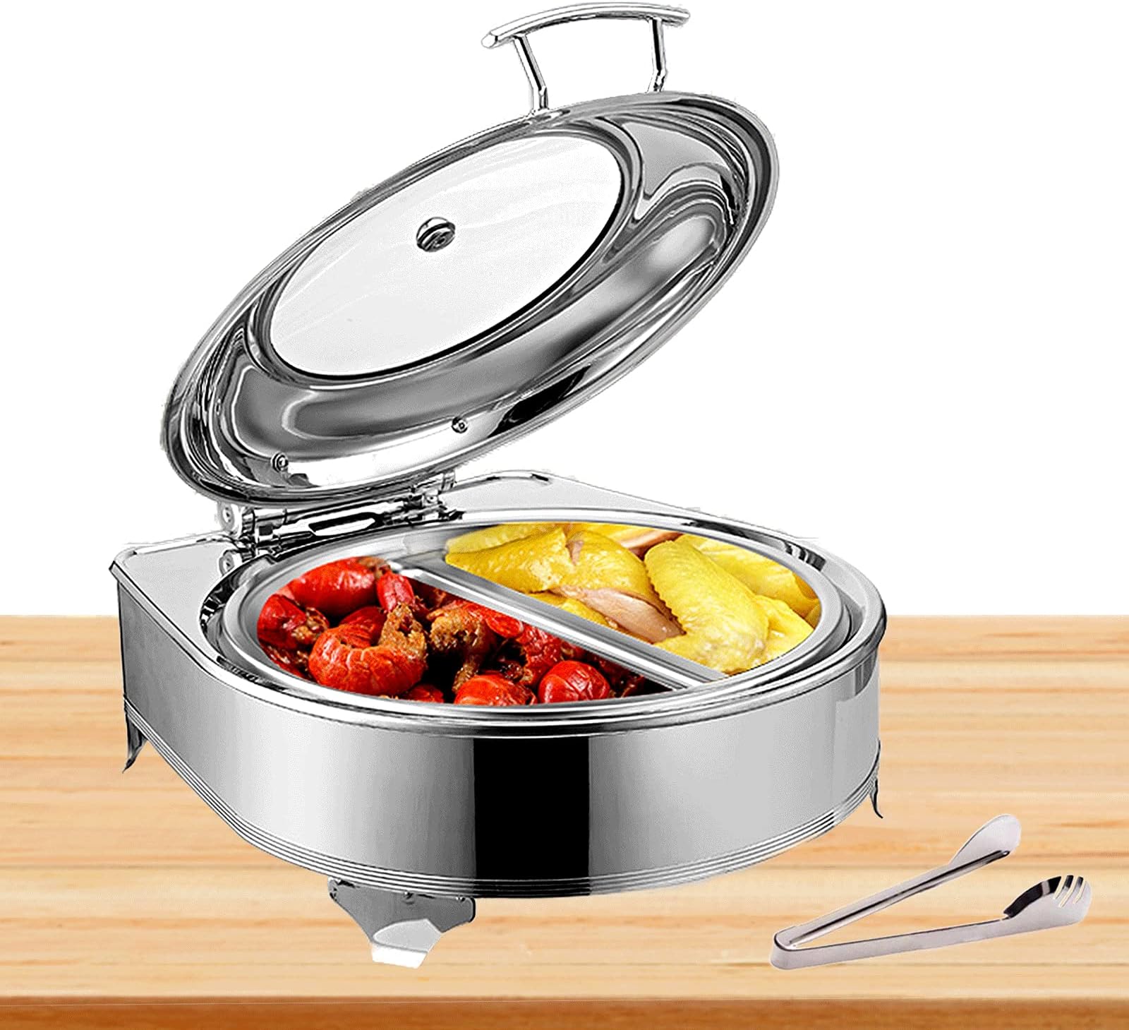 Stainless Steel Chafing Dish, Food Warmer Buffet Server with PC Transparent Lid, Electric Chafing Dishes Food Warmers, 6L, Round, Adjustable Temperature