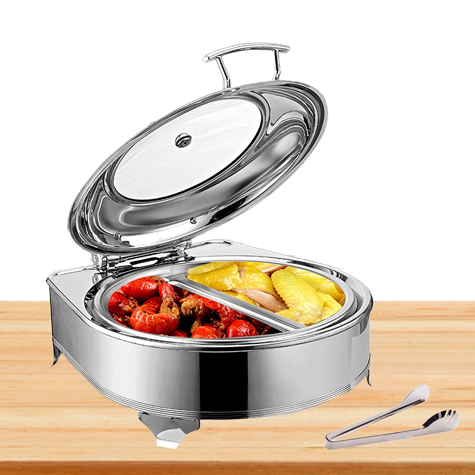 Stainless Steel Chafing Dish, Food Warmer Buffet Server with PC Transparent Lid, Electric Chafing Dishes Food Warmers, 6L, Round, Adjustable Temperature