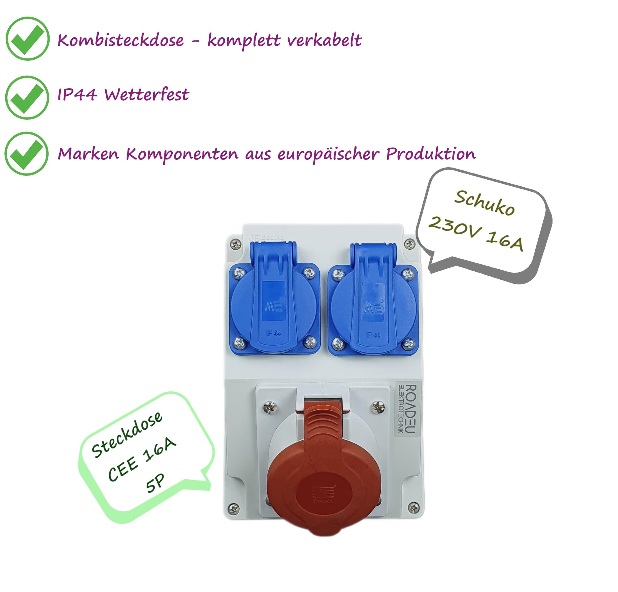 RoadEu Kombi Wandsteckdose - CEE 16A Wandsteckdose - 2x Schuko 230V - Stromverteiler IP44 - Innen und Außen Baustromverteiler 16A
