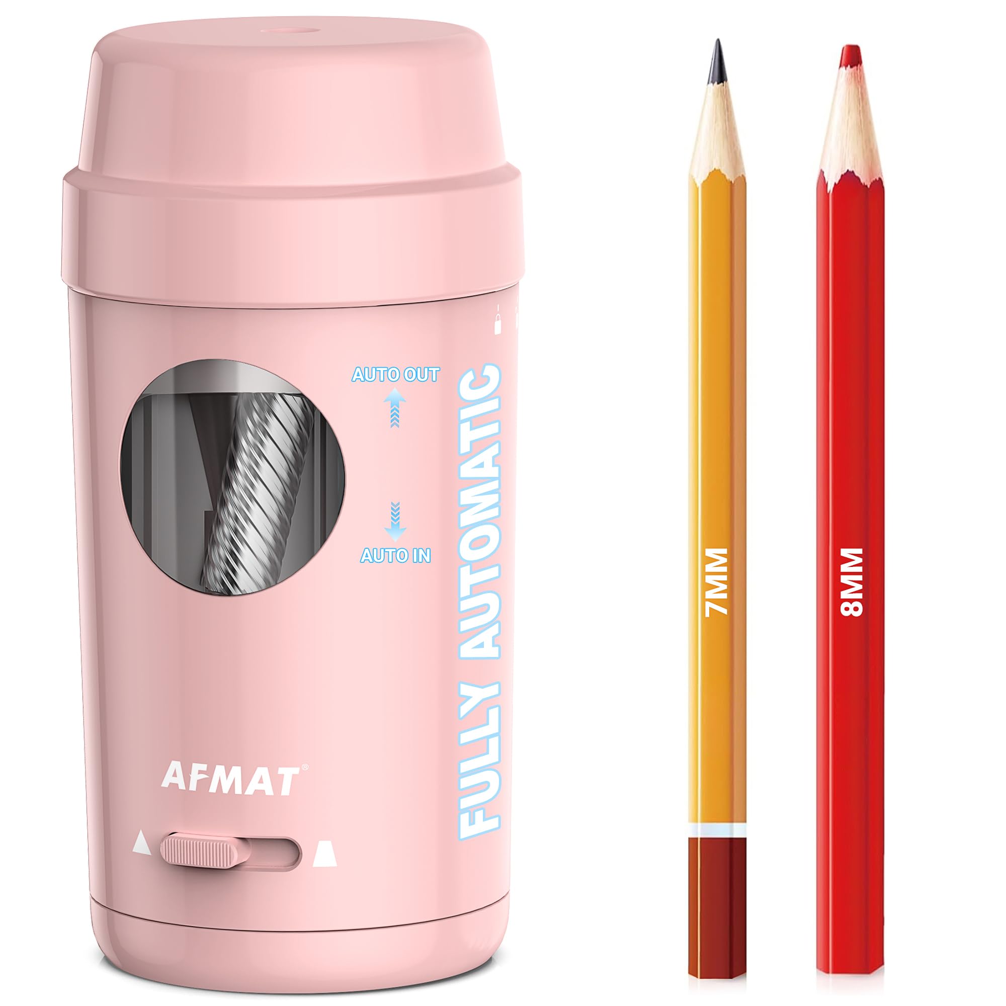 AFMAT Electric Pencil Sharpener for Colored Pencils 7-8 mm, Rechargeable Fully Automatic Pencil Sharpener with Container, Auto in&Out, Non-Slip Portable Electric Sharpener for Home,School, Pink PSX8