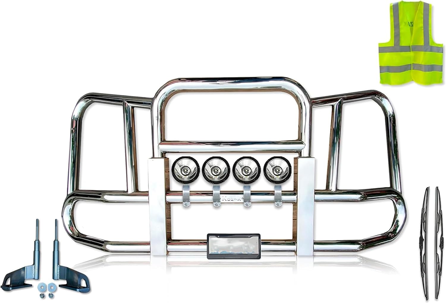 Compatible with Freightliner Cascadia 2008-2017 Front Grille Deer Moose Brush Bumper Guard Large Square PLUS Logo, 4x 6" 20 LED Headlights, Wipers, License Plate Holder and Frame, Vest