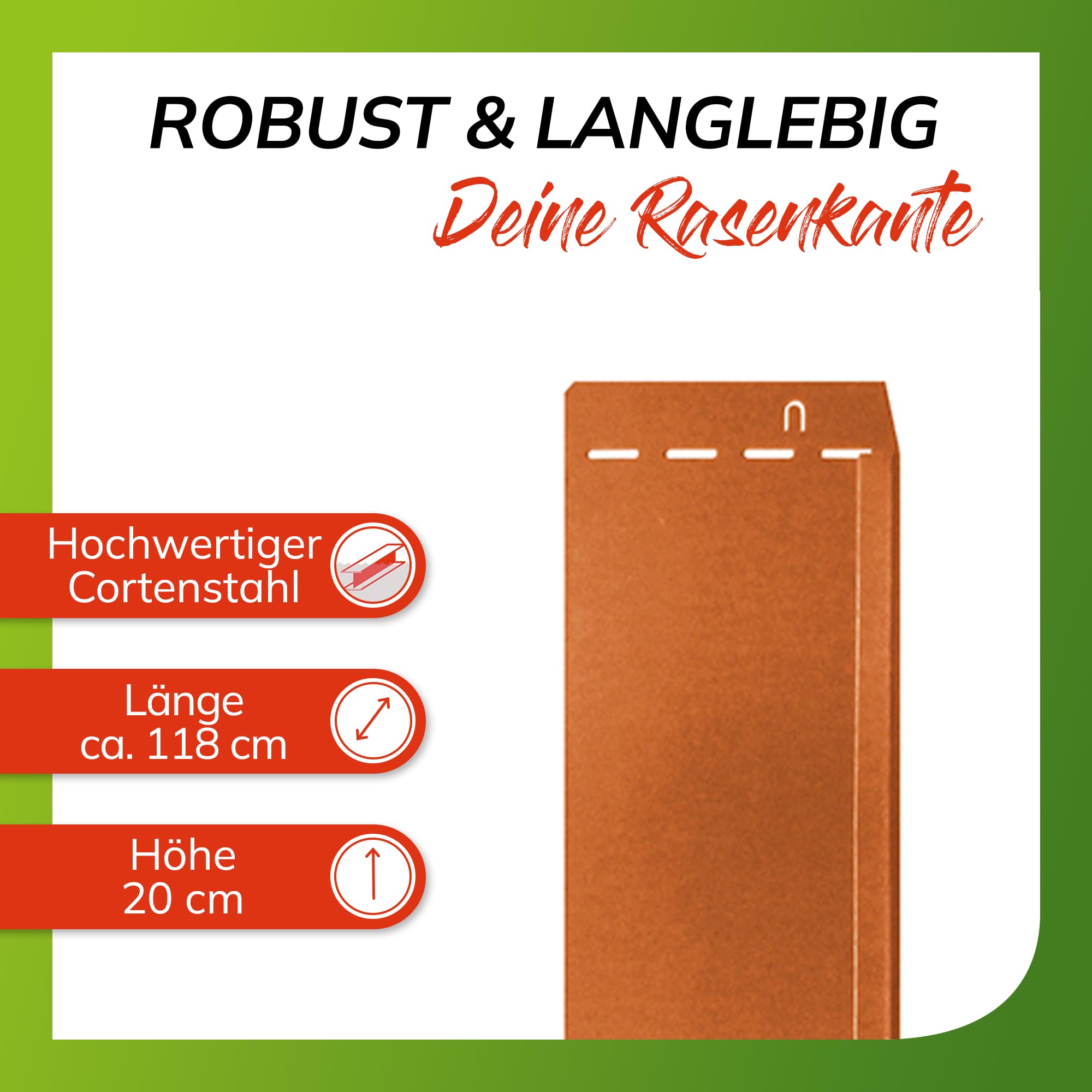bellissa – Rasenkante Metall Corten-Stahl 118x20cm, Nutzlänge 17,25m - Flexible Rasenbegrenzung aus wetterfestem Material für saubere Rasen- & Beetabgrenzung - Beeteinfassung Kante robust & langlebig