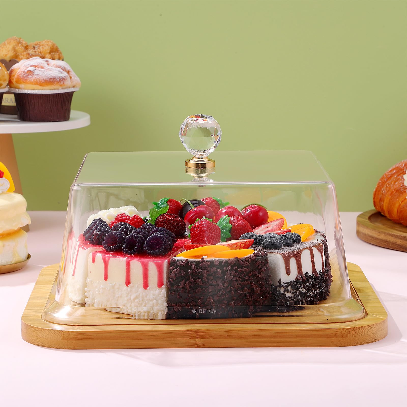 FOMIYES Kuchenform mit Deckel aus Transparentem Acryl Holzsockel Quadratisch für Buffet und Eventservice
