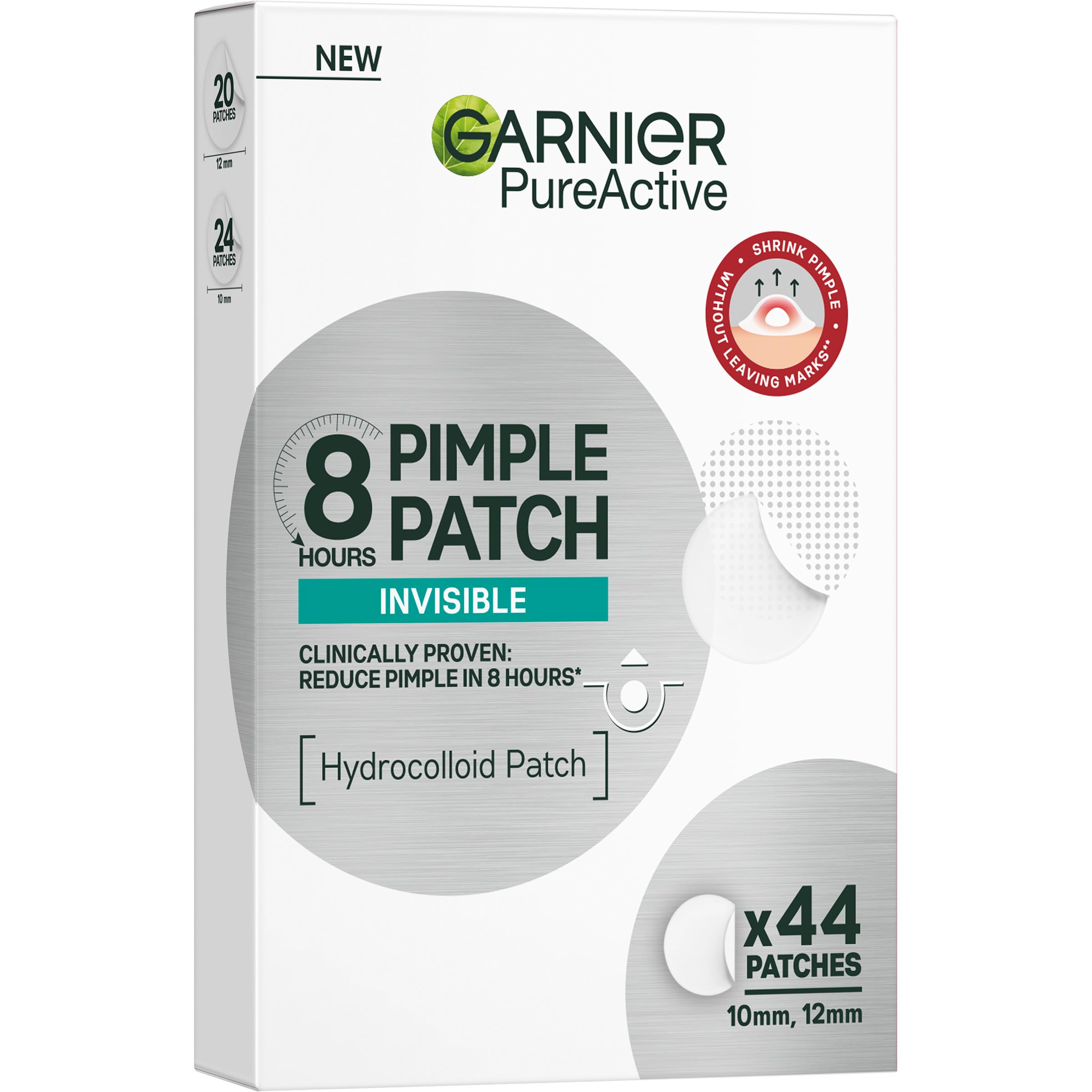 Garnier Skin Clear Pimple Patches, Invisible Hydrocolloid Pimple Patches Reduce Visibility in 8H, XXL Pack of 44, Targeted Against Pimples & Acne