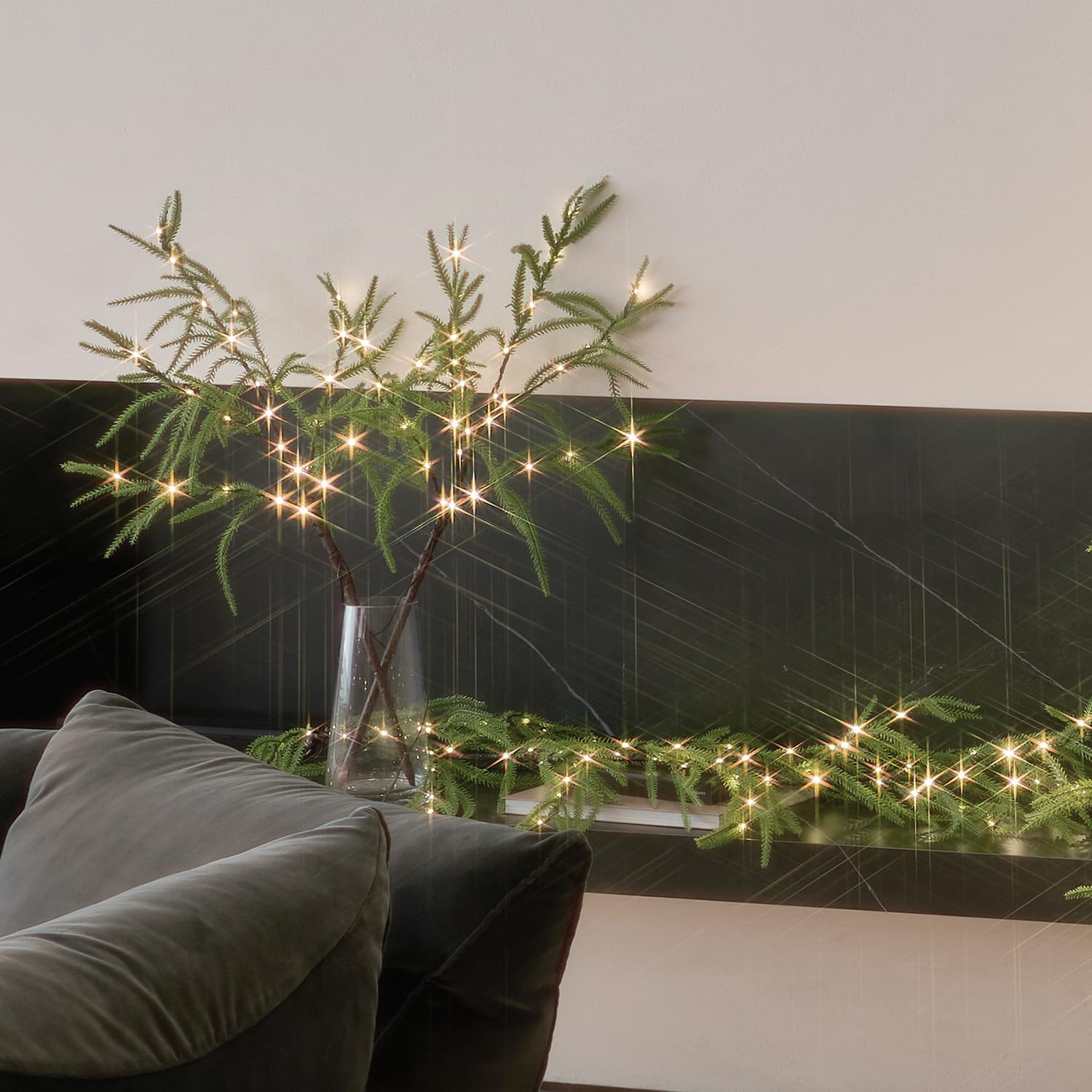 Fudios Beleuchtete Norfolk-Kiefergirlande mit Timer, Girlande mit Lichtern, 1,8 m, USB-betrieben und batteriebetrieben, 110 LED-Lichterkette für Kaminsims, Kamin, Weihnachtsdekoration