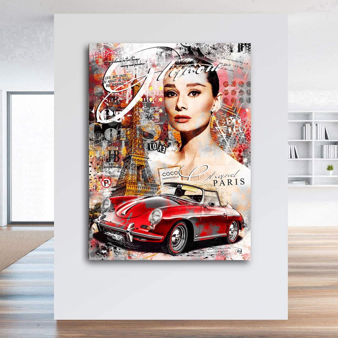 Kunstgestalten24 | Audrey Hepburn Paris | Kunst Pop Art Bild | Auto Speddster | Wohnzimmer bilder | Wandbilder | Wanddeko | XXL Bilder auf Leinwand | Moderne Bilder |