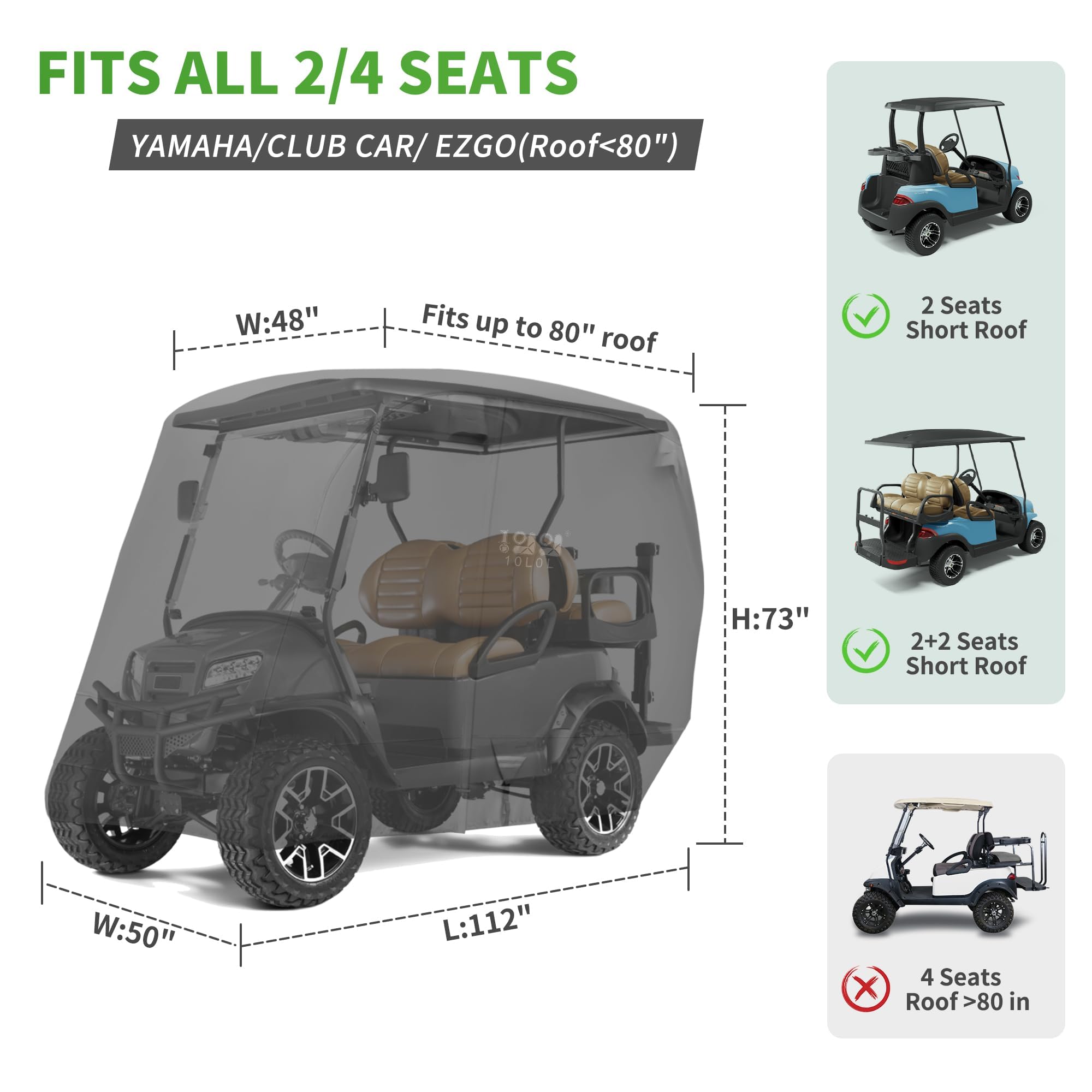 Golfwagen-Abdeckung Universelle für 2/4 Passagiere Golf Cart für Yamaha, EZGO und Club Car, Allwetter Outdoor Schutz Wetterfest, Schwarz