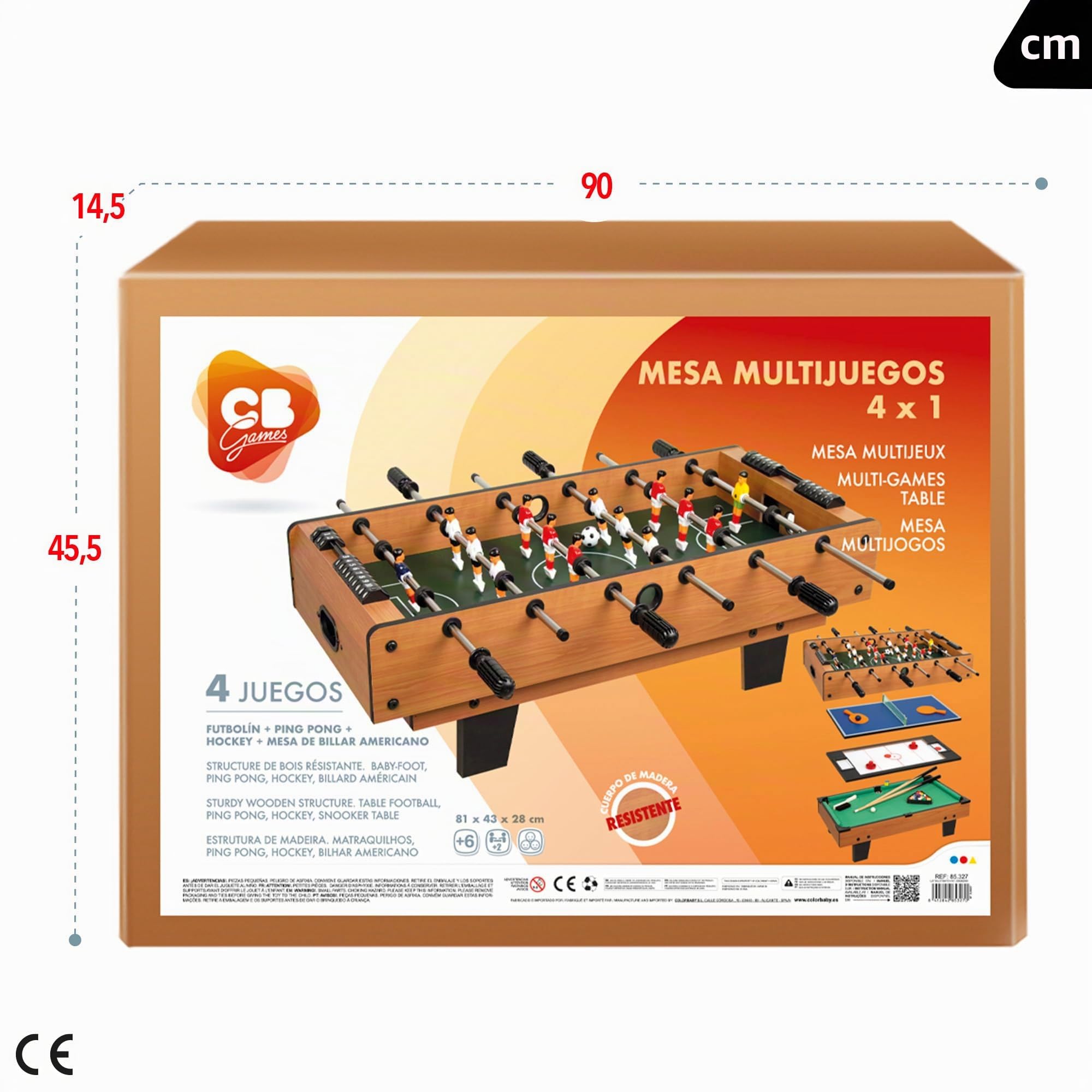 ColorBaby CB Games - Tavolo multigiochi 4 in 1, Dimensioni 81 x 43 x 27 cm, Calcio Balilla, Biliardo, Ping-Pong, Hockey, Gioco da Tavolo, Calcio Balilla per Bambini, multigioco, 6 Anni (85327)