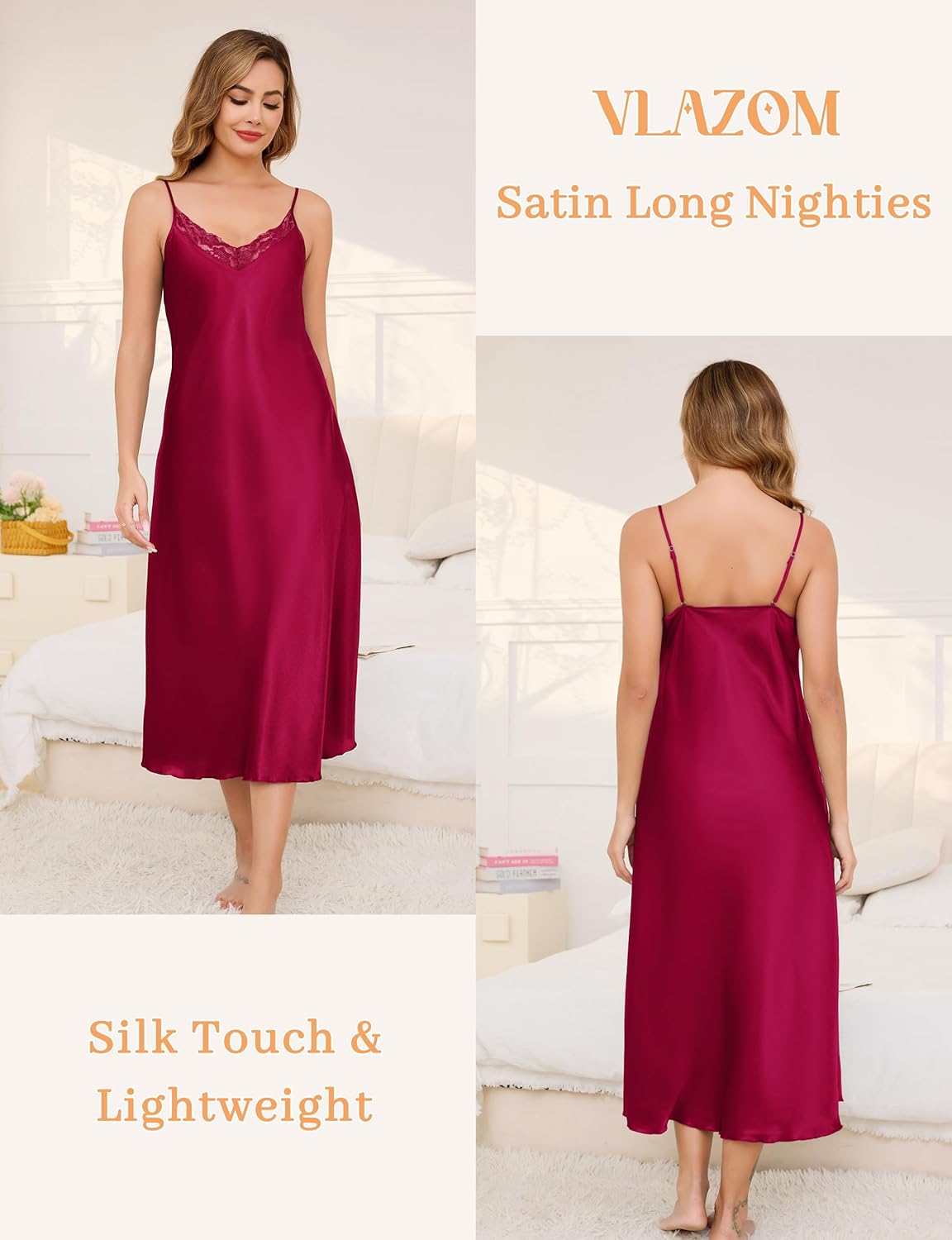 Vlazom Women's Satin Nightgowns Sexy Lingerie Long Nightgowns Satin Silk Negligee V Neck Lace Chemise Sleepwear S-XXL - Image 2